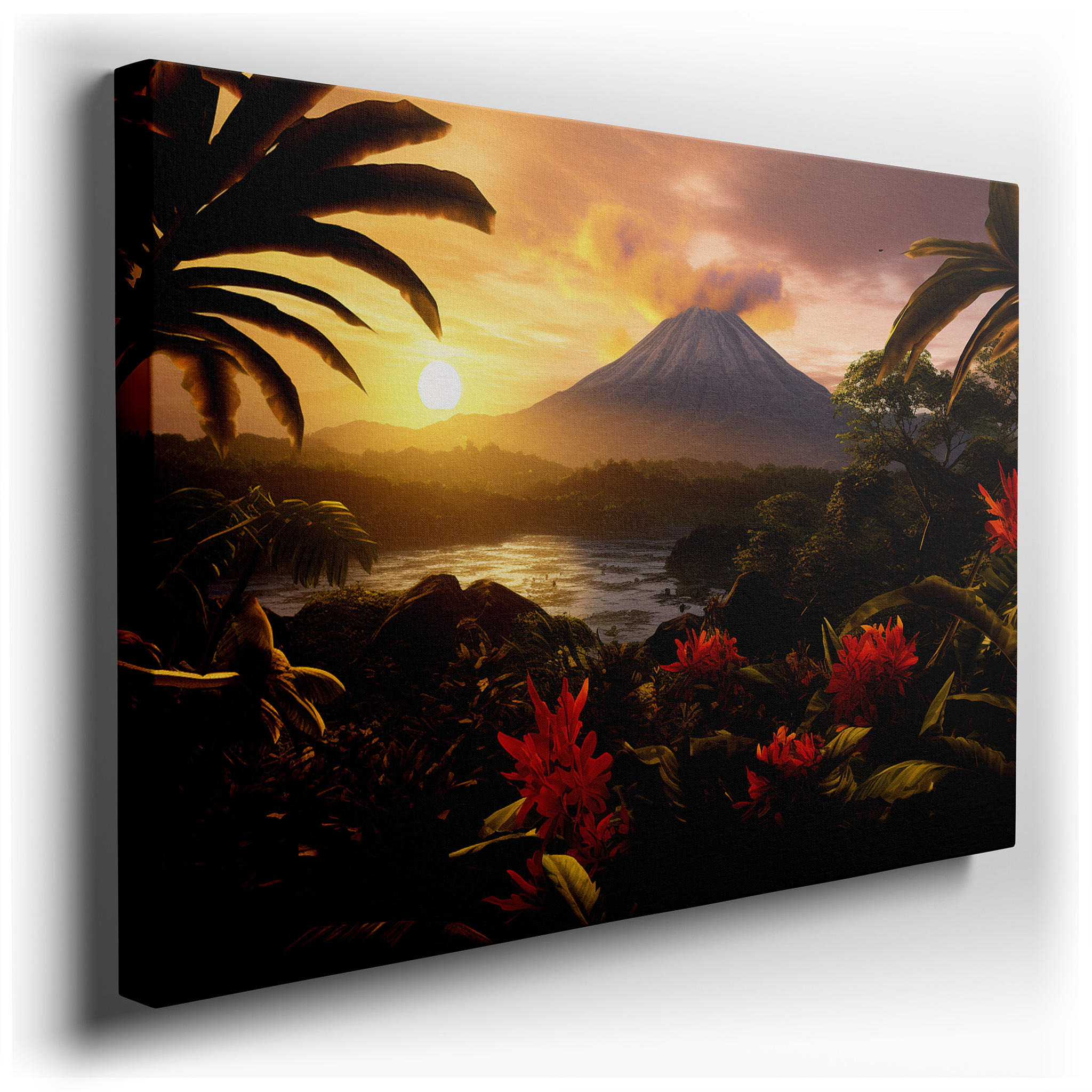 Majestic Volcano Amidst Lush Tropical Landscape at Dawn or Dusk - Large Canvas Wall Art for Office, Bedroom, and Living