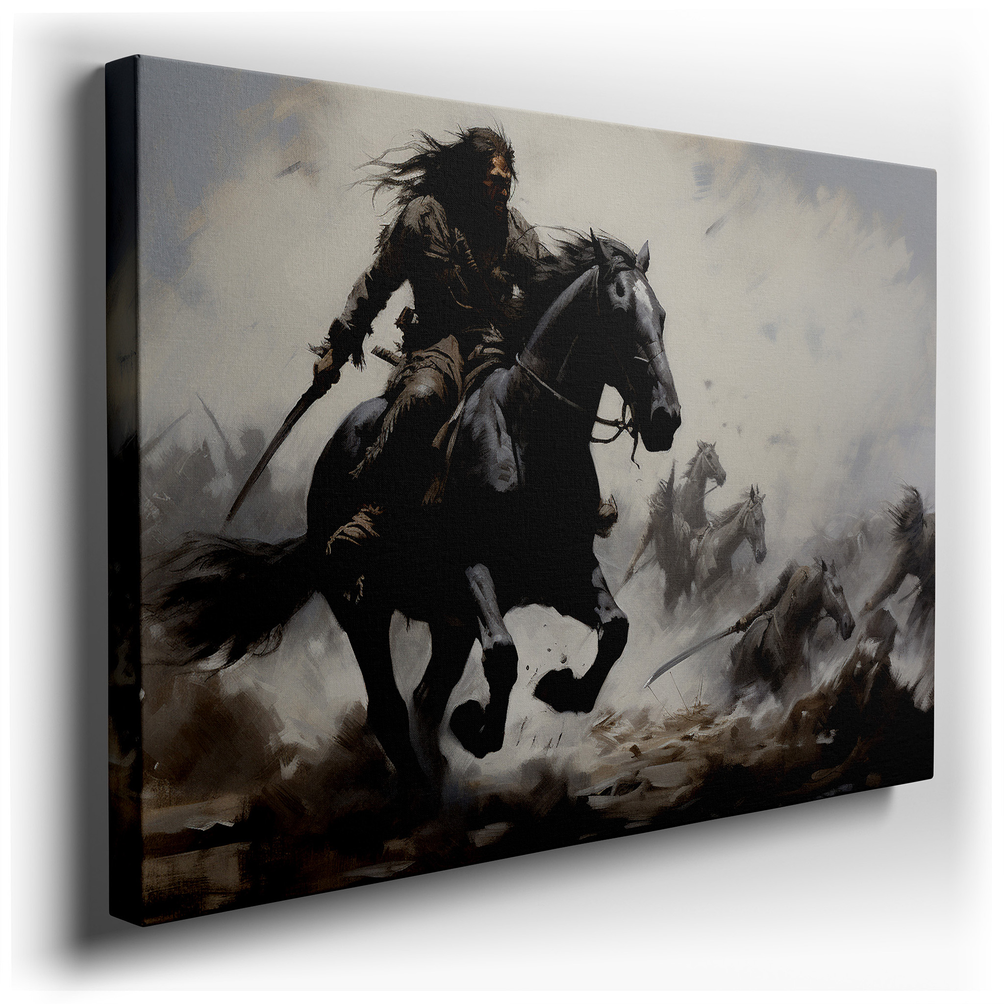 Majestic Warrior on Black Horse Storms Across Battlefield Center - Large Canvas Wall Art for Office and Bedroom Decor