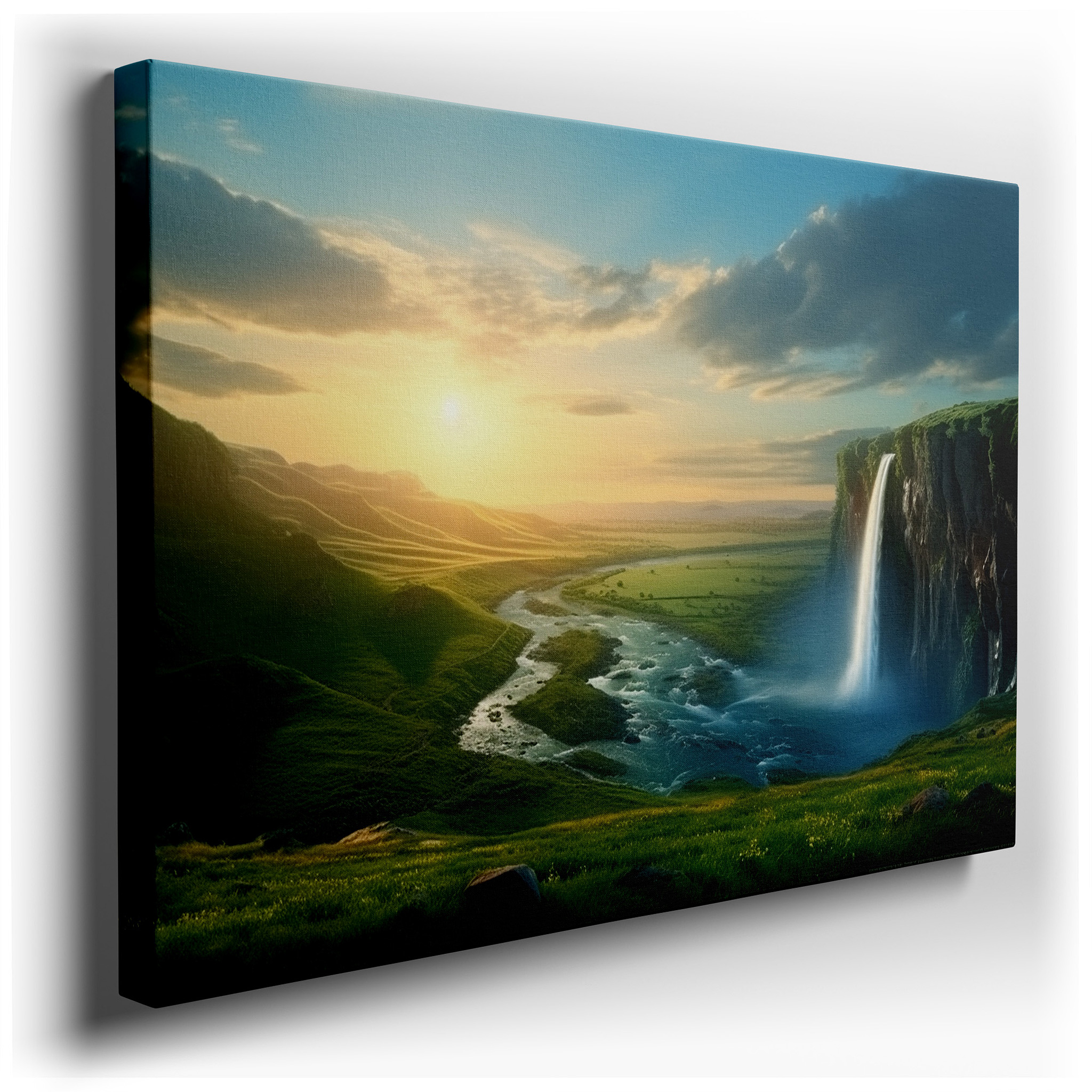 Majestic Waterfall and Peaceful River in a Lush Valley Large Wall Art, Canvas Wall Art, Wall Decor for Office, Bedroom,