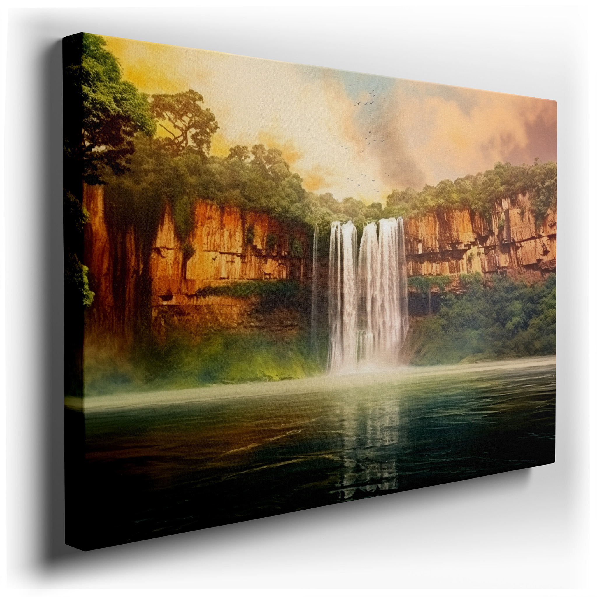 Majestic Waterfall Canvas Wall Art: Rugged Cliffs and Lush Greenery Illuminated by Sunset Hues wrapped canvas - main