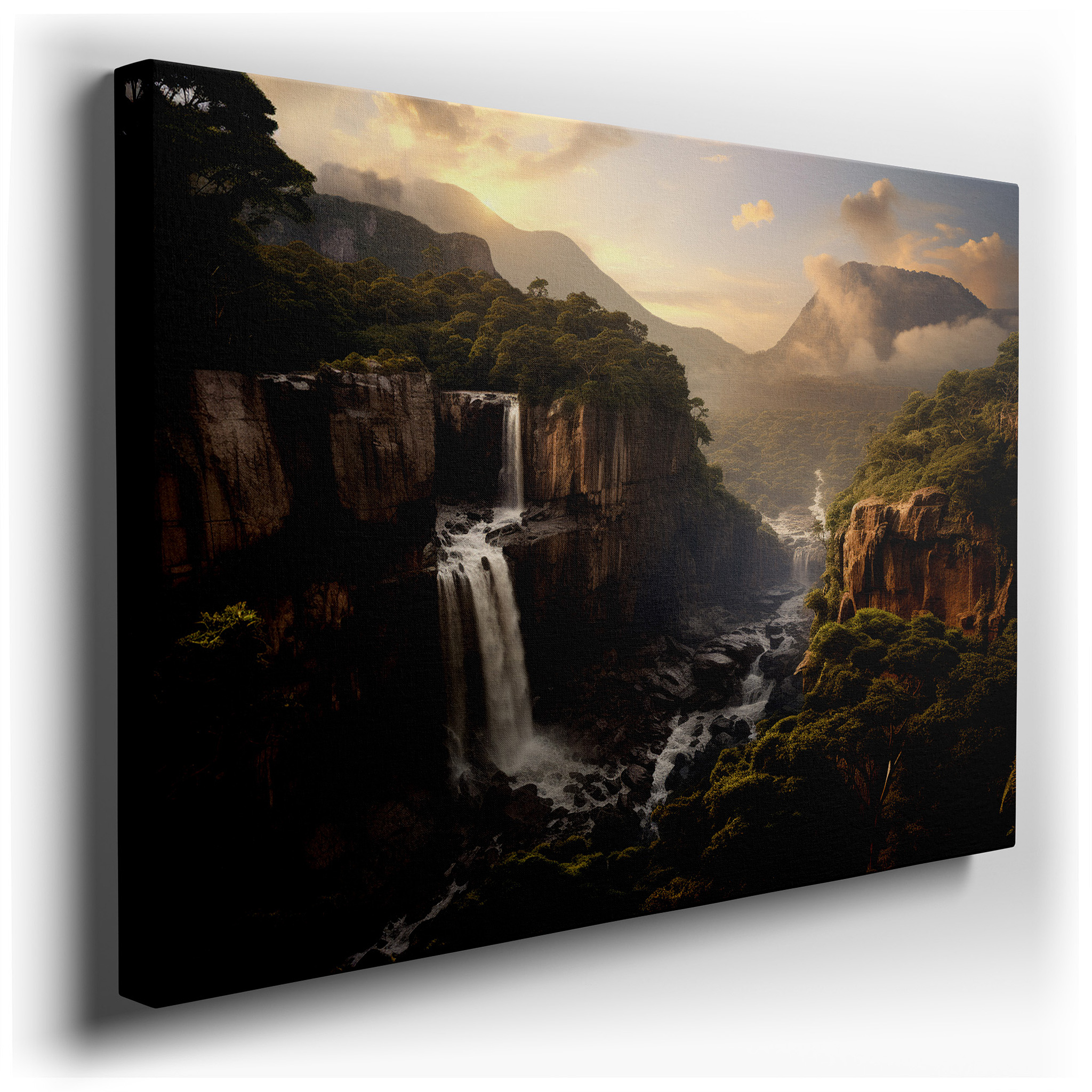 Majestic Waterfall Flowing Through Verdant Jungle, Serene Pool Beneath, Large Canvas Wall Art, Wall Decor for Office