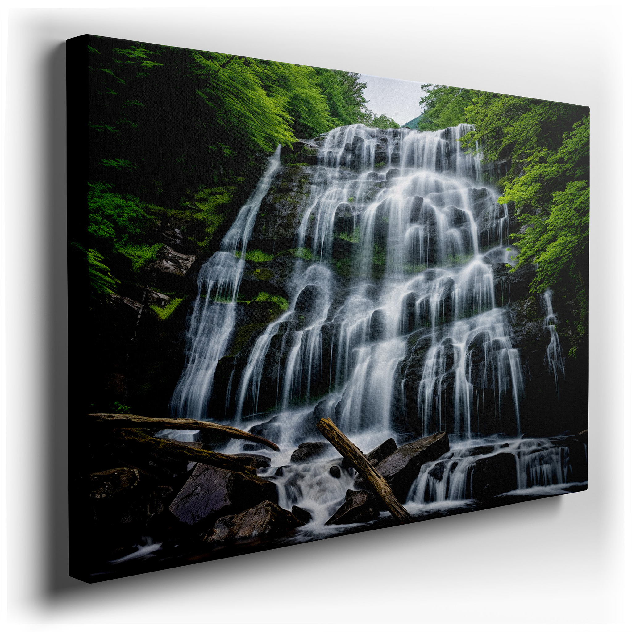 Majestic Waterfall Surrounded by Lush Forest, Serene Getaway with Vibrant Greenery and Dynamic Lighting, Large Wall