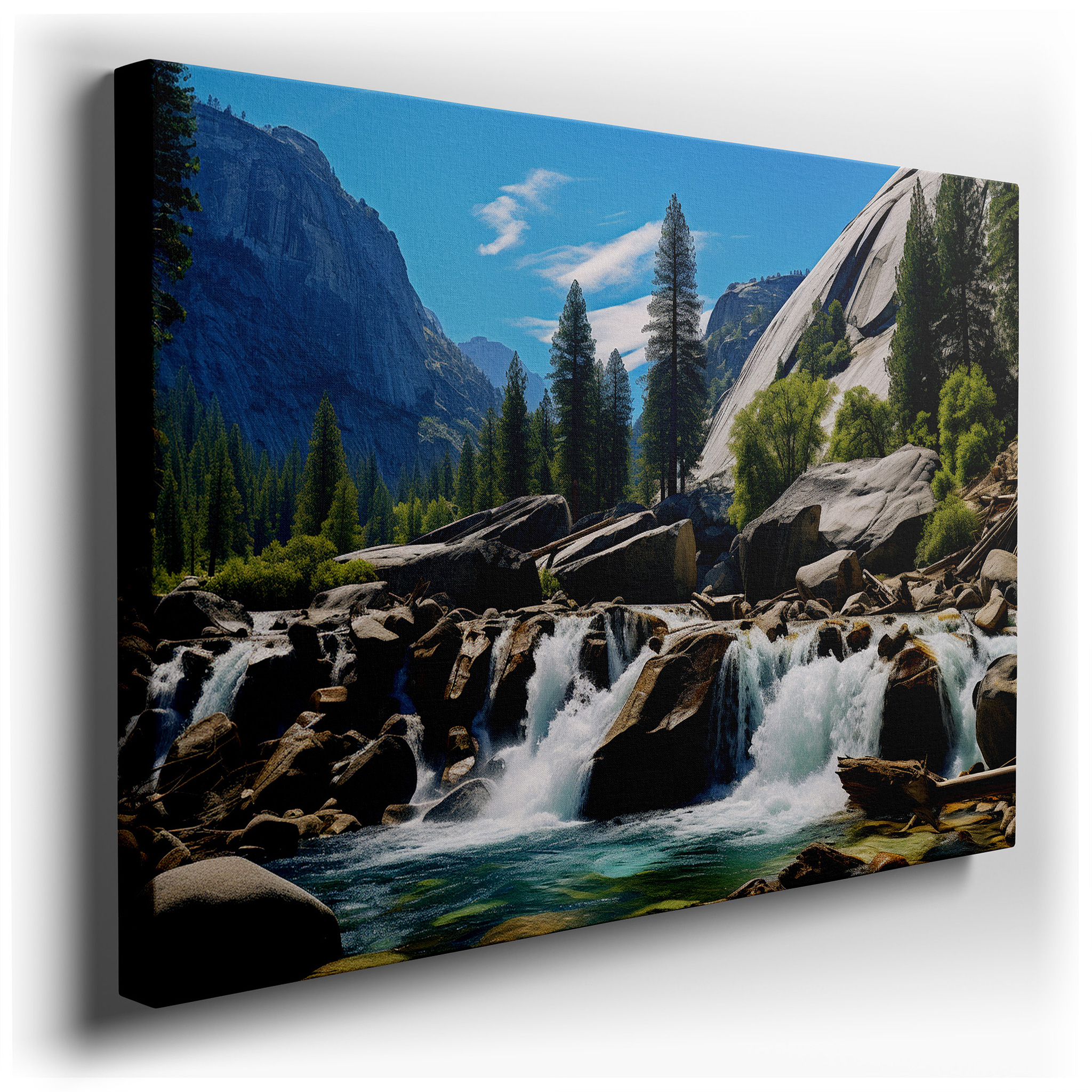 Majestic Waterfall Surrounded by Lush Green Peaks Under a Bright Blue Sky Large Wall Art, Canvas Wall Art, Wall Decor