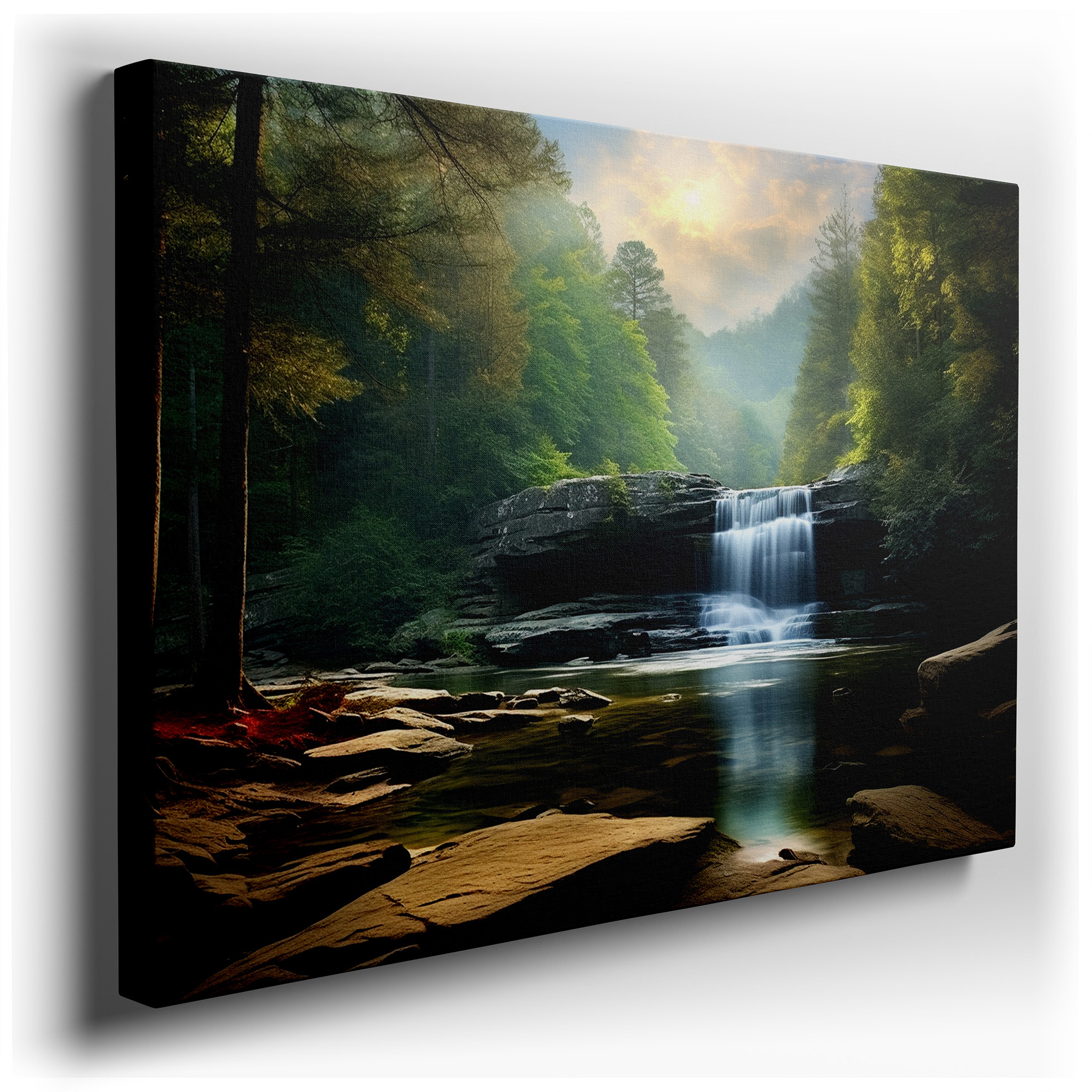 Majestic Waterfall Surrounded by Verdant Foliage, Serene Nature Scene as Large Wall Art, Canvas Wall Art, Wall Decor
