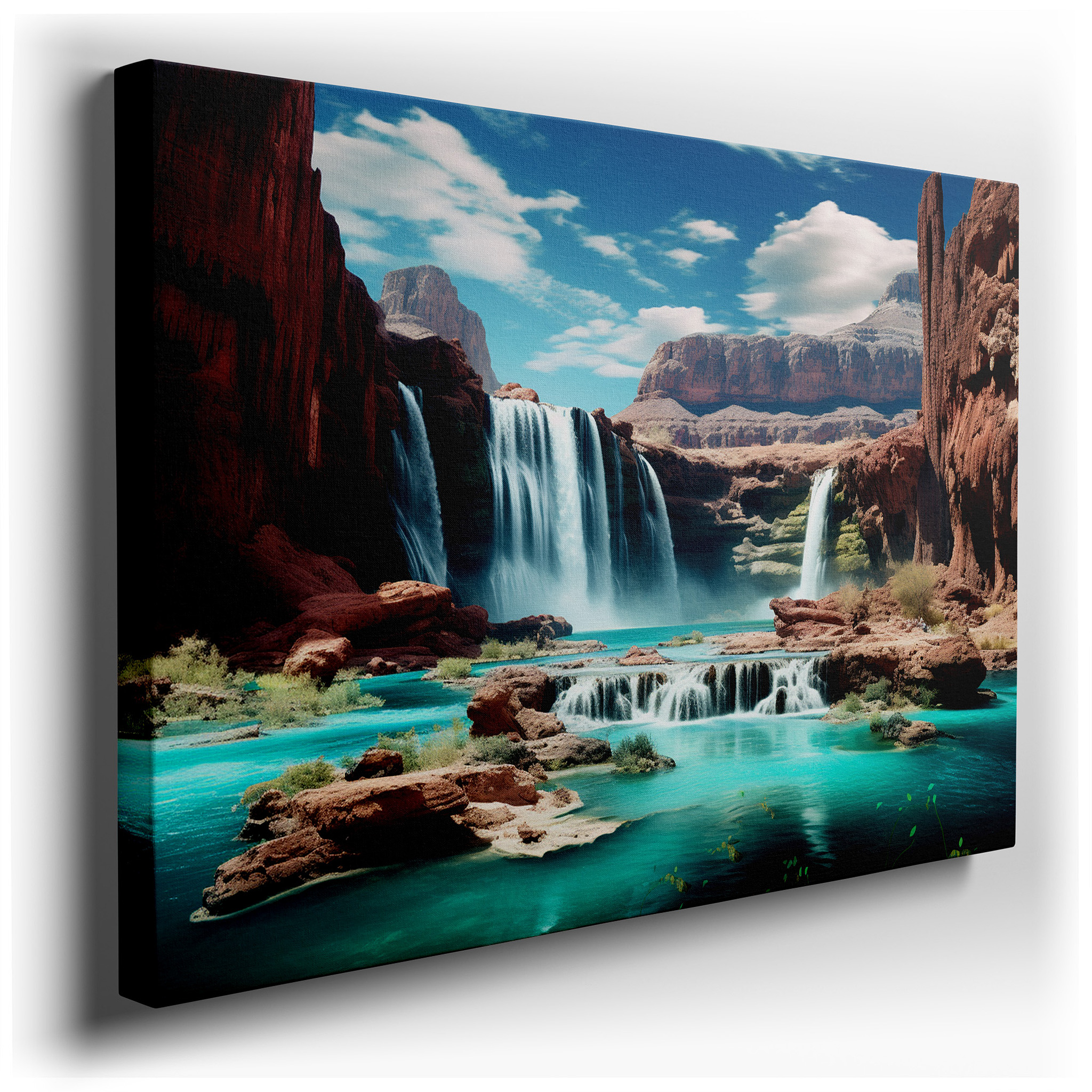 Majestic Waterfalls and Turquoise Pool Surrounded by Lush Greenery and Rugged Cliffs Large Wall Art, Canvas Wall Art,