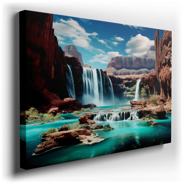 Majestic Waterfalls and Turquoise Pool Artwork - Canvas Wall Art