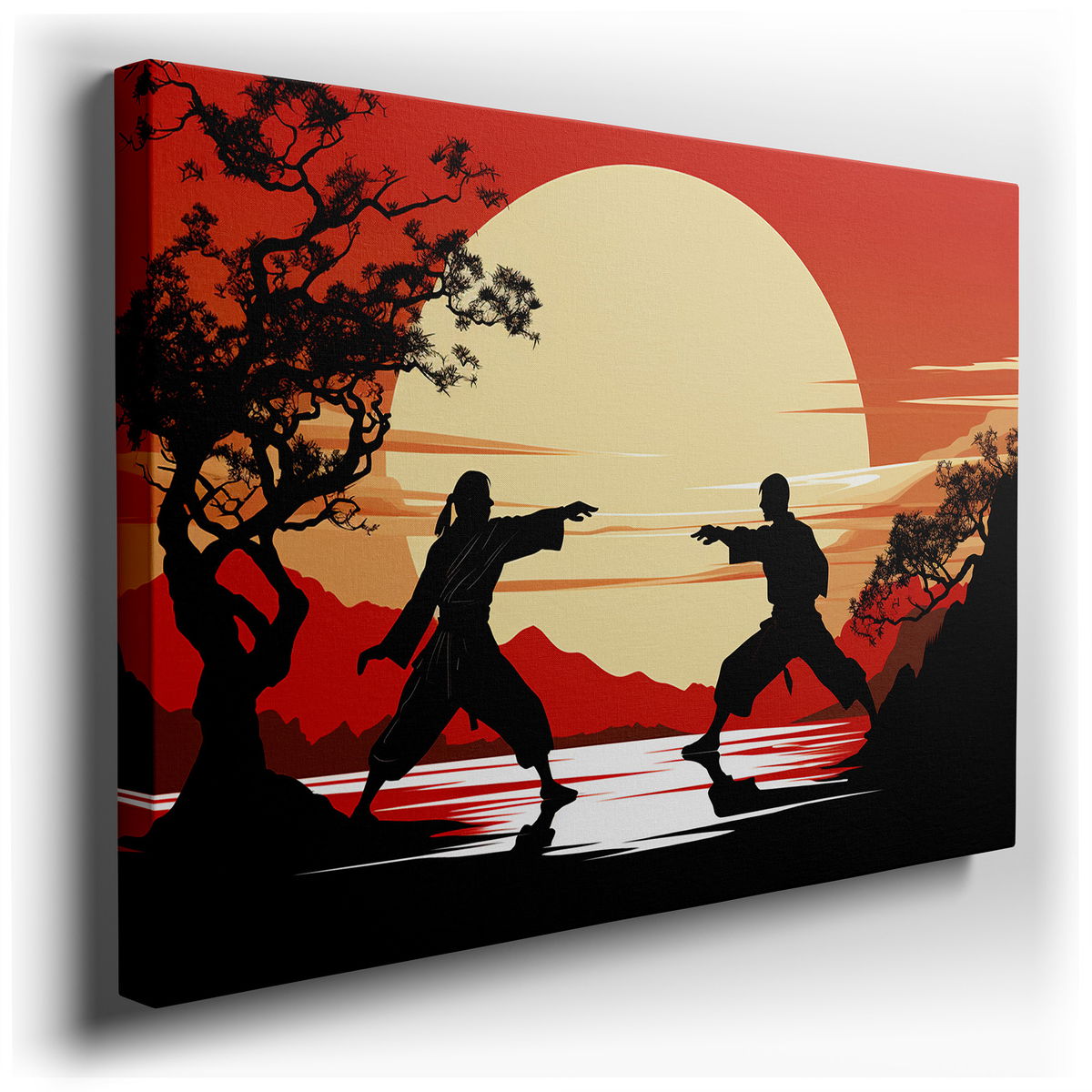 Martial Artists Dueling at Sunset - Dynamic Colors Canvas Wall Art