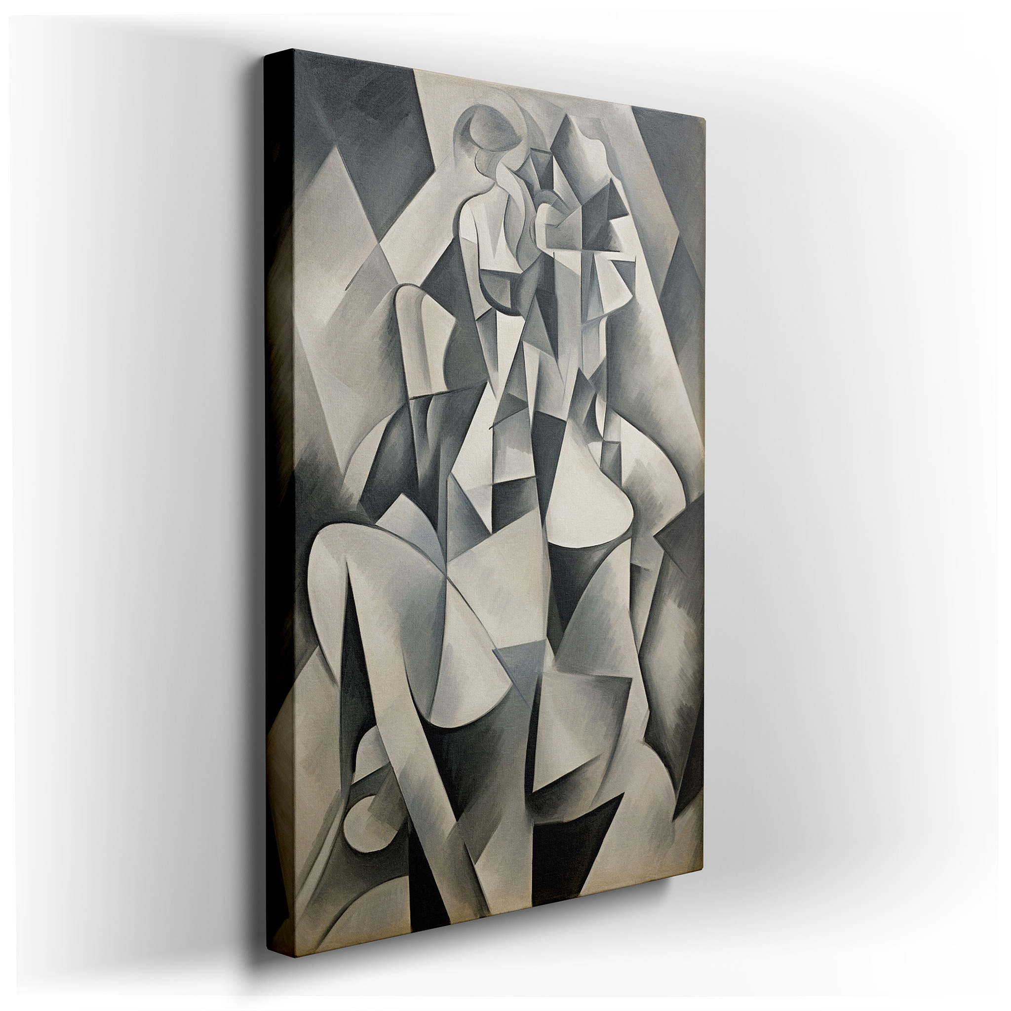Masterful Black and White Cubist Artwork, Conveying Emotional Depth and Dynamic Interaction, Ideal for Large Wall
