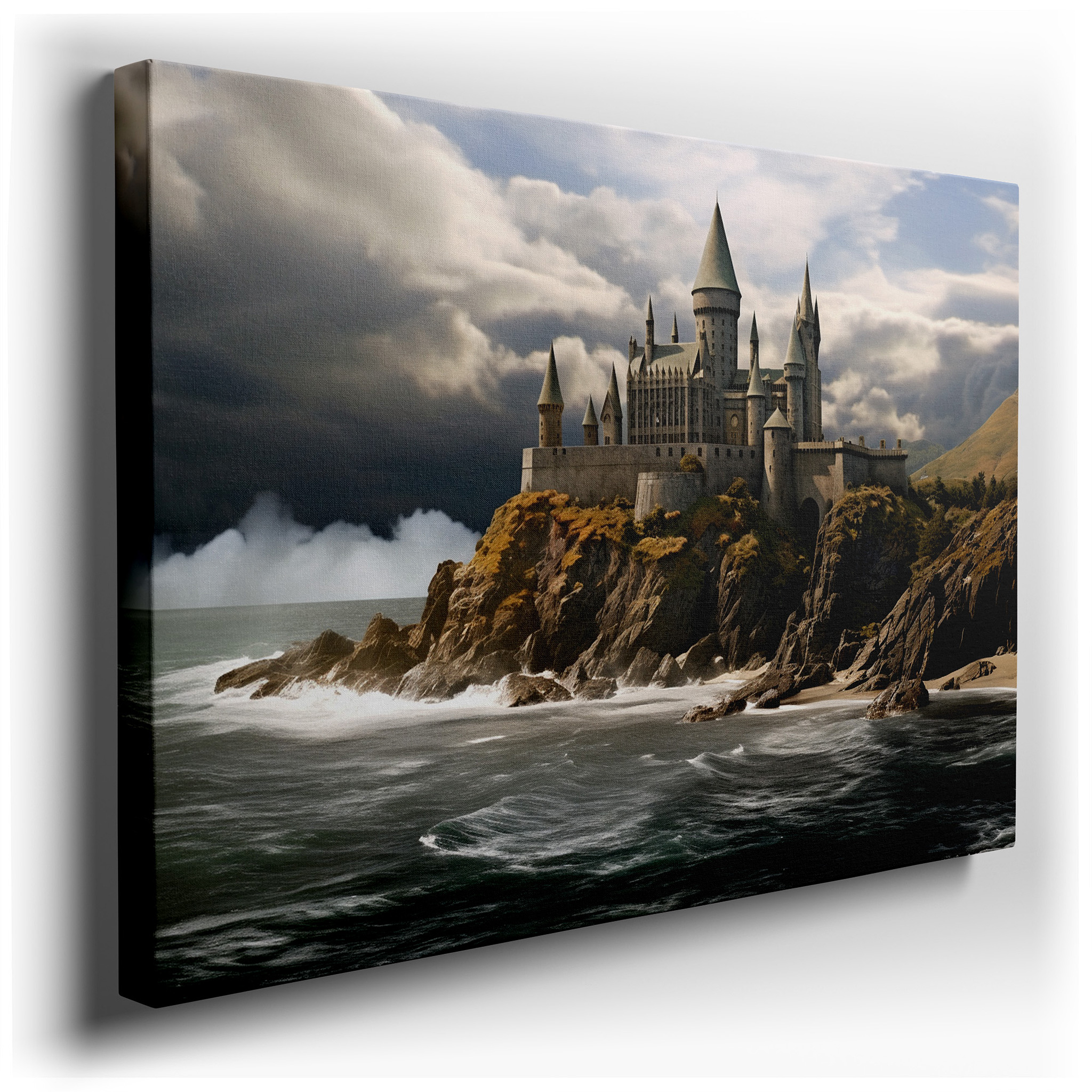 Medieval Castle on a Cliff Canvas Print - Majestic View Over Turquoise Waters - Large Wall Art for Office and Bedroom
