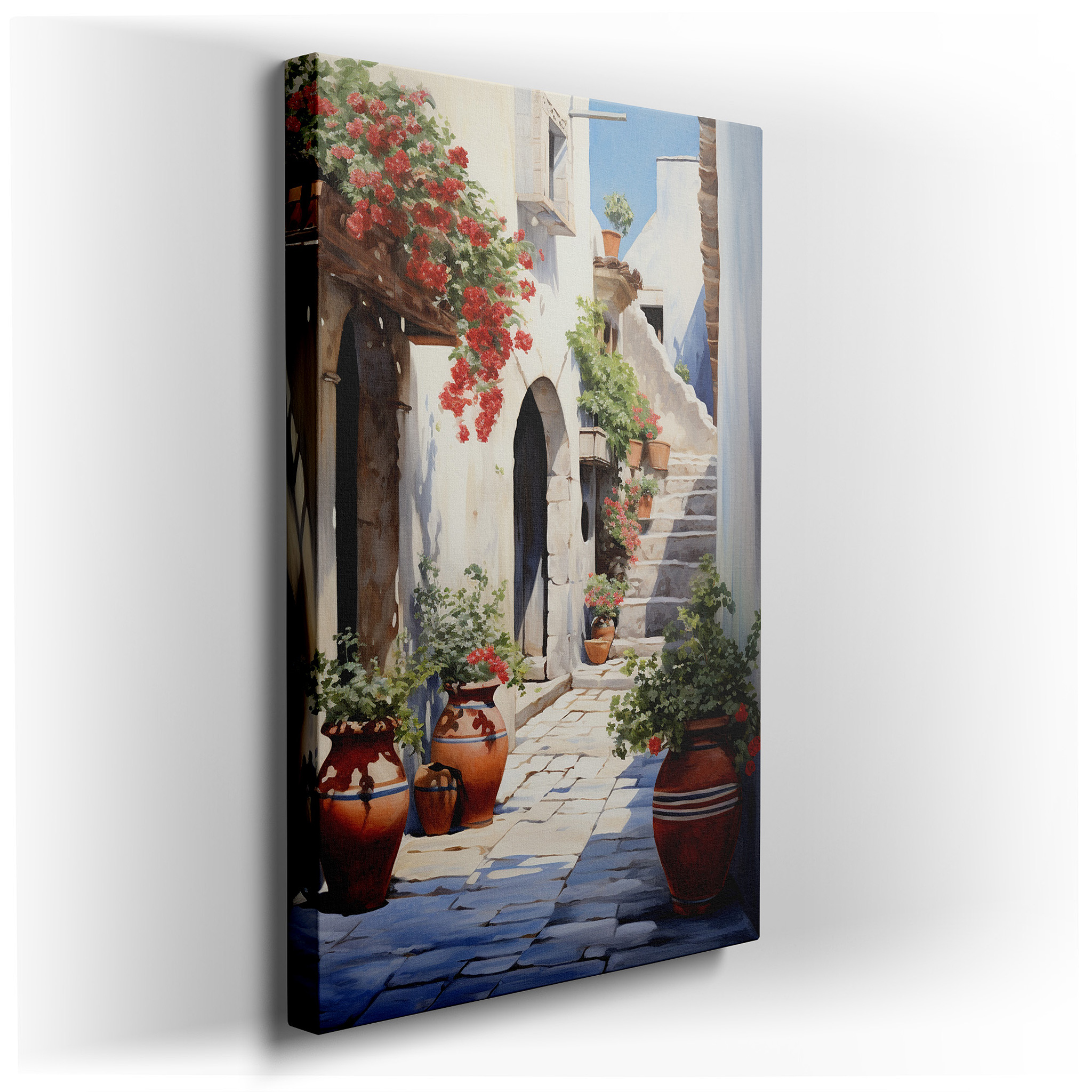 Mediterranean Alleyway Canvas Art: Sunlit Cobblestones and Blooming Flowers - Large Wall Decor for Office and Bedroom