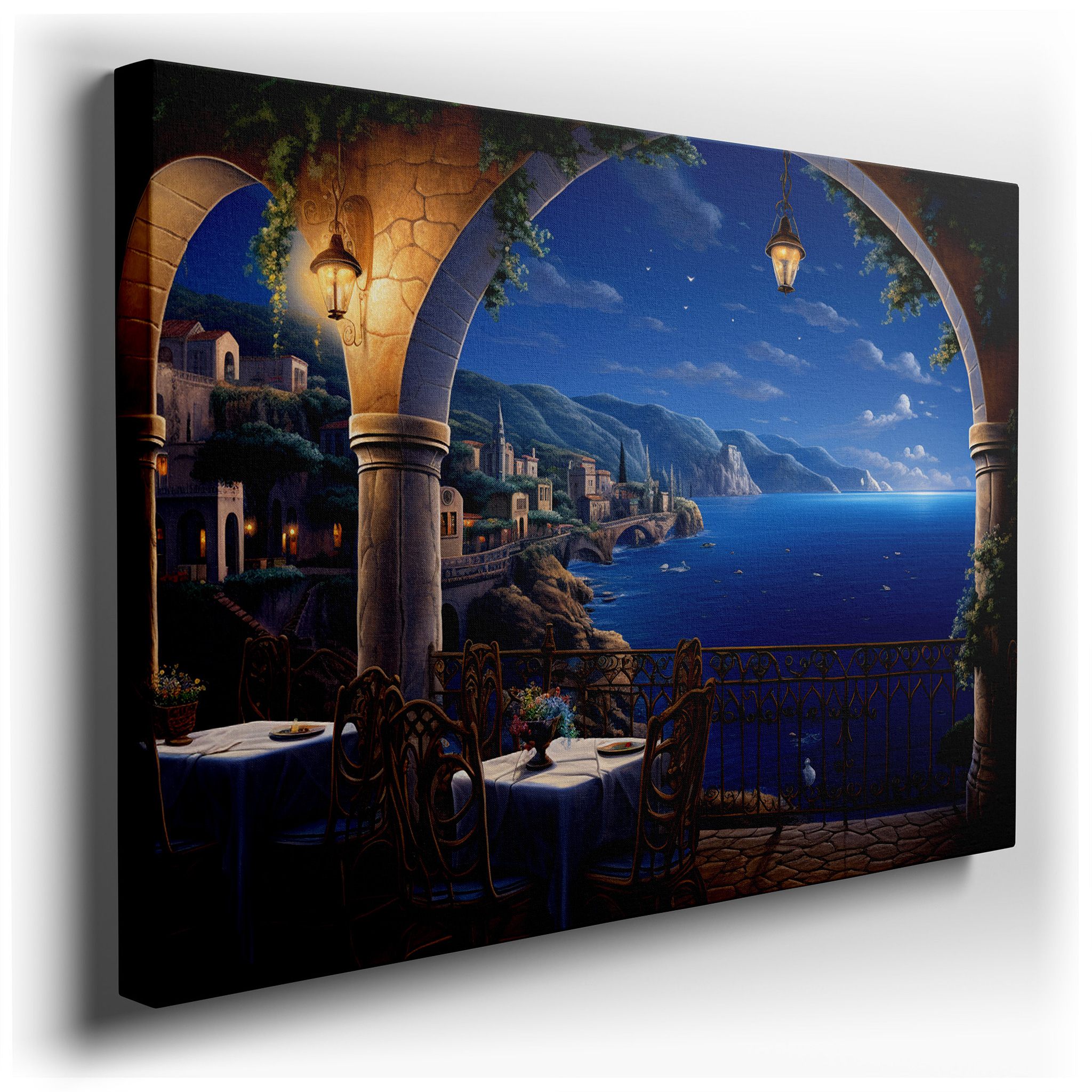 Mediterranean Retreat Canvas Wall Art Featuring Sunset Glow and Serene Sea Views for Office, Bedroom, and Living Room