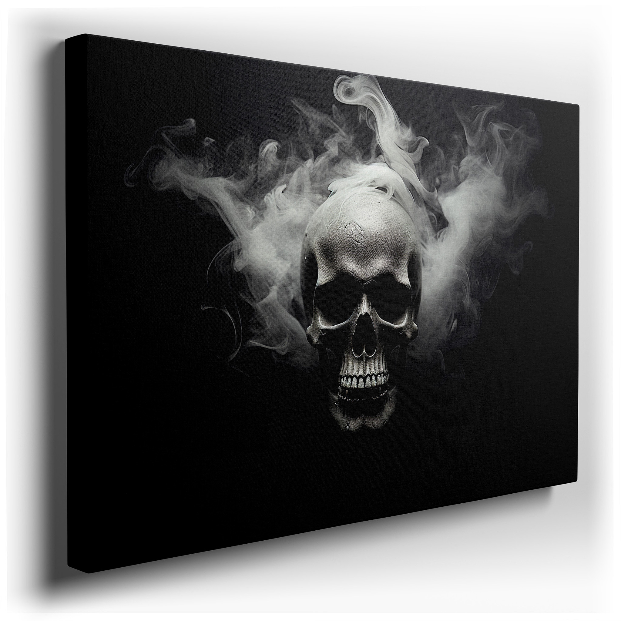 Metallic Skull Emerging from the Abyss Surrounded by Swirling Smoke: A Meditation on Mortality and Time - Large Canvas