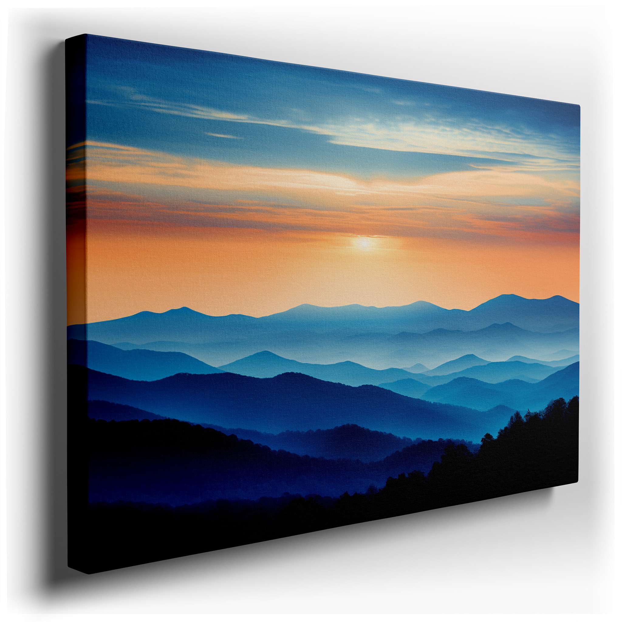 Misty Blue Mountains at Tranquil Dawn, Serene Landscape Canvas for Reflection - Large Wall Art for Office and Bedroom