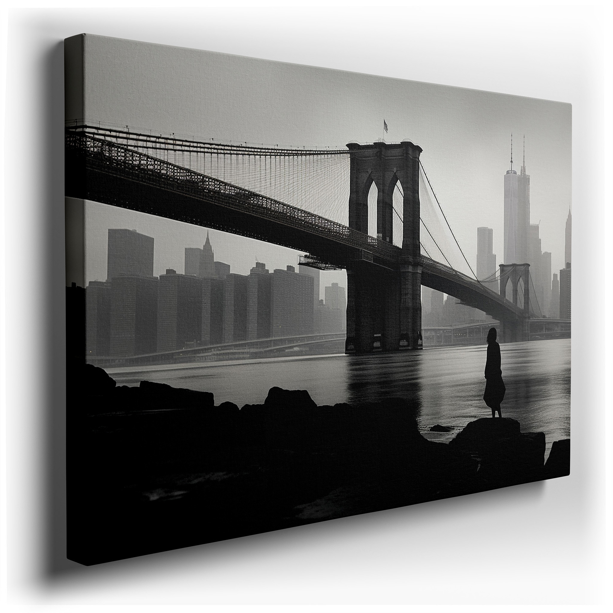 Misty Brooklyn Bridge Solitary Contemplation Large Canvas Wall Art for Office and Bedroom Decor wrapped canvas - main