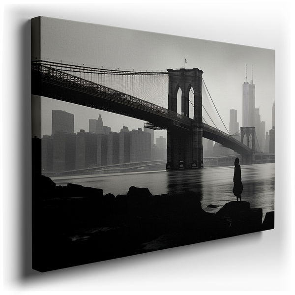 Misty Brooklyn Bridge - Black and White Canvas Wall Art