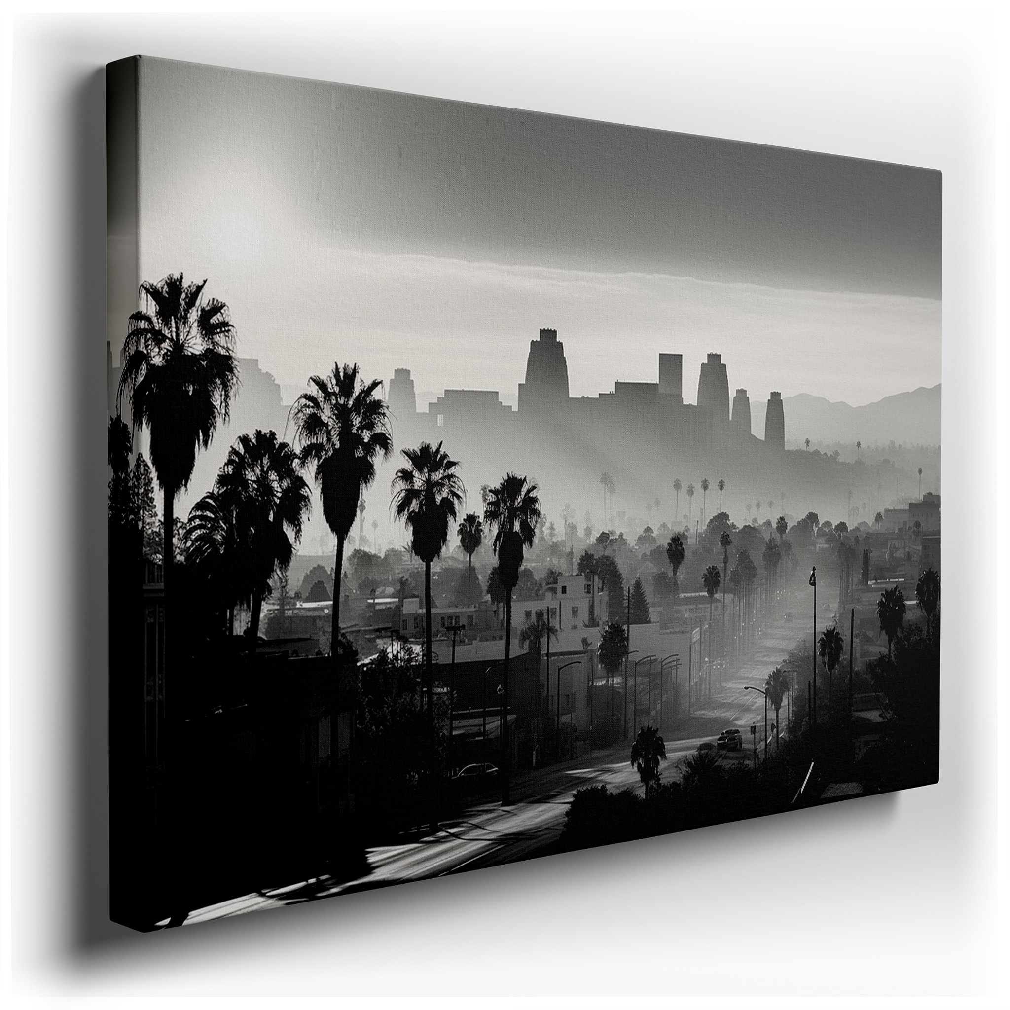 Misty Dawn and Palm Silhouettes Over Cityscape Large Canvas Wall Art for Office Decor wrapped canvas - main product