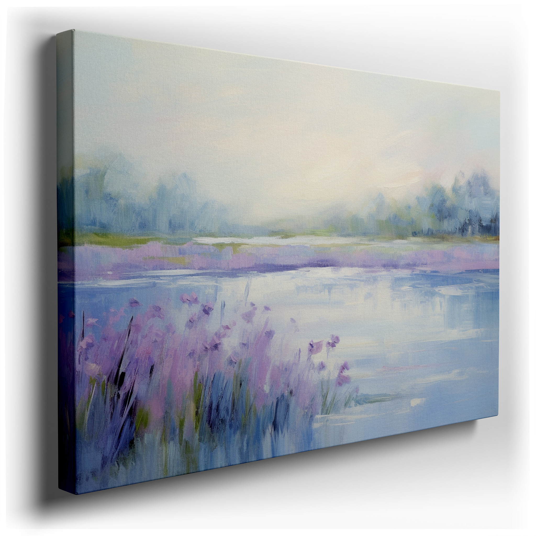 Misty Lake at Tranquil Dawn with Lavender Blooms - Large Canvas Wall Art for Office, Bedroom, and Living Room Decor