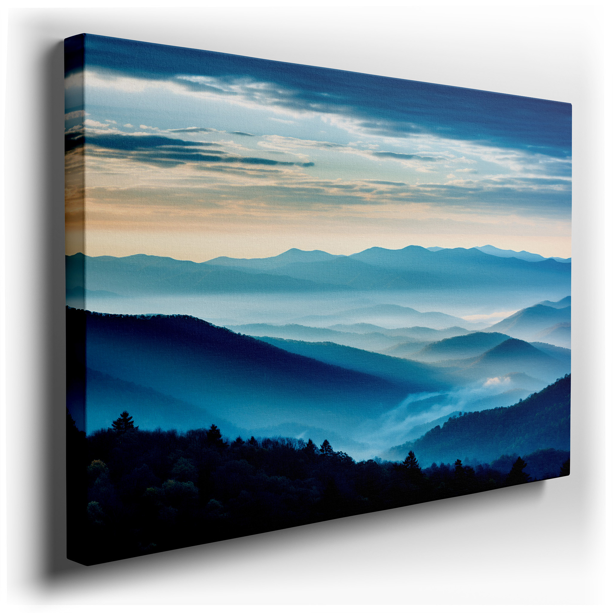 Misty Mountain Blues at Ethereal Dawn: Tranquil Nature Escape Large Canvas Wall Art for Office and Bedroom Decor