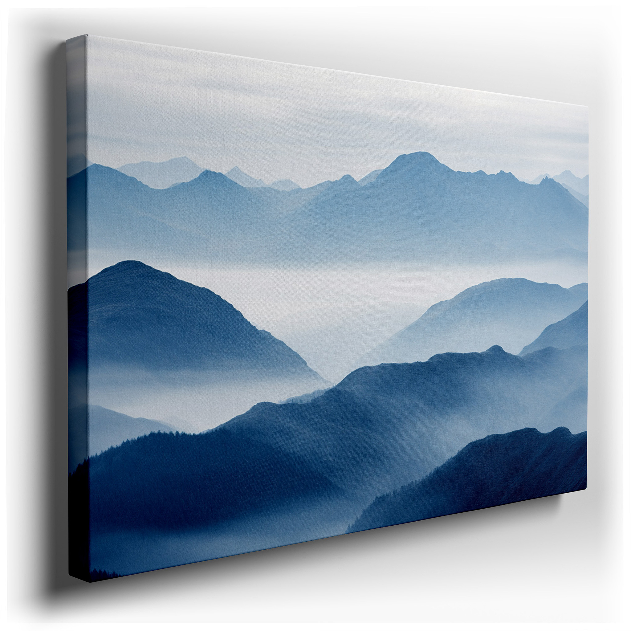 Misty Mountain Serenity: Symphony of Blue Hues Large Canvas Wall Art for Office, Bedroom, and Living Room Decor wrapped