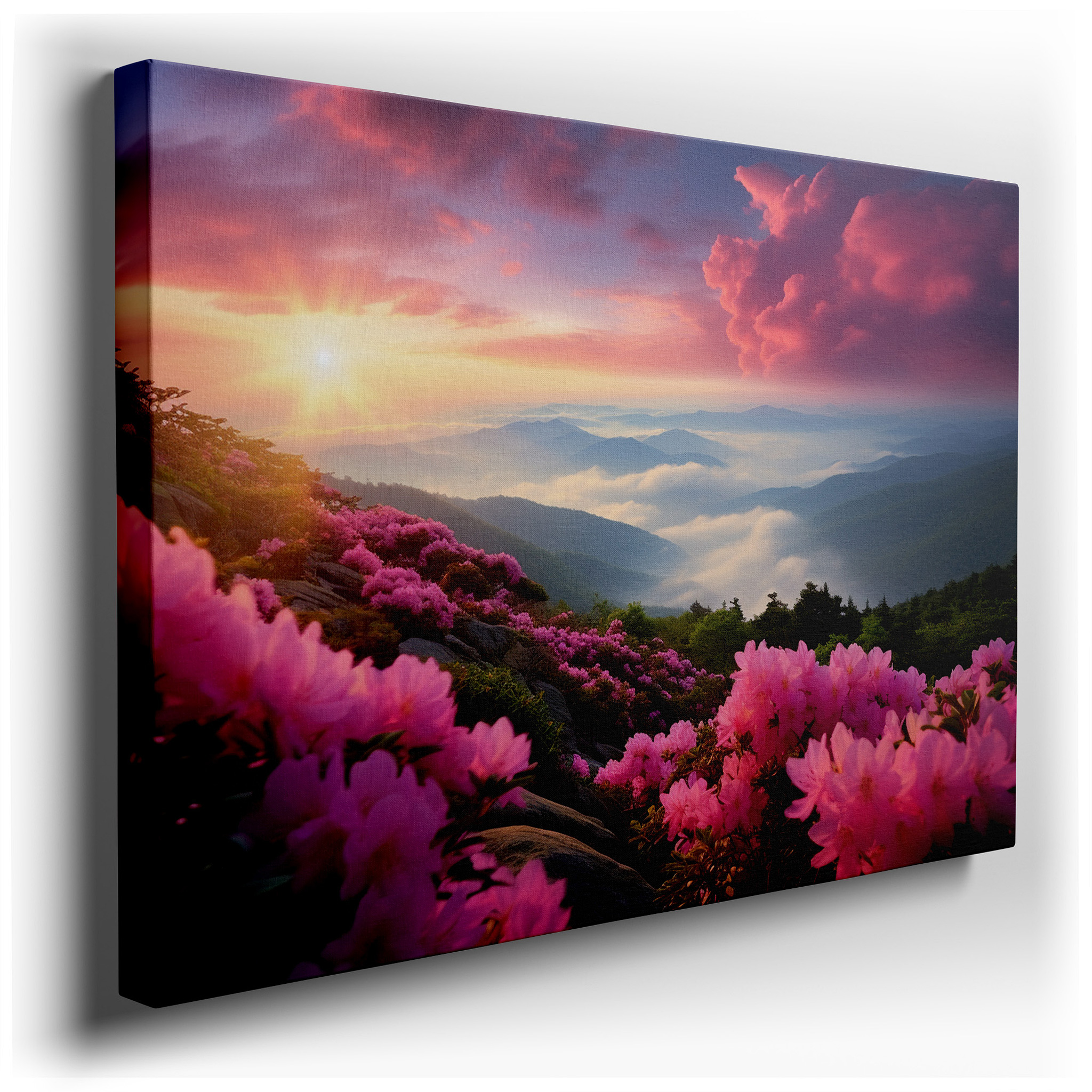 Misty Mountain Sunrise with Blooming Azaleas and Ethereal Skies Large Wall Art, Canvas Wall Art, Wall Decor for Office