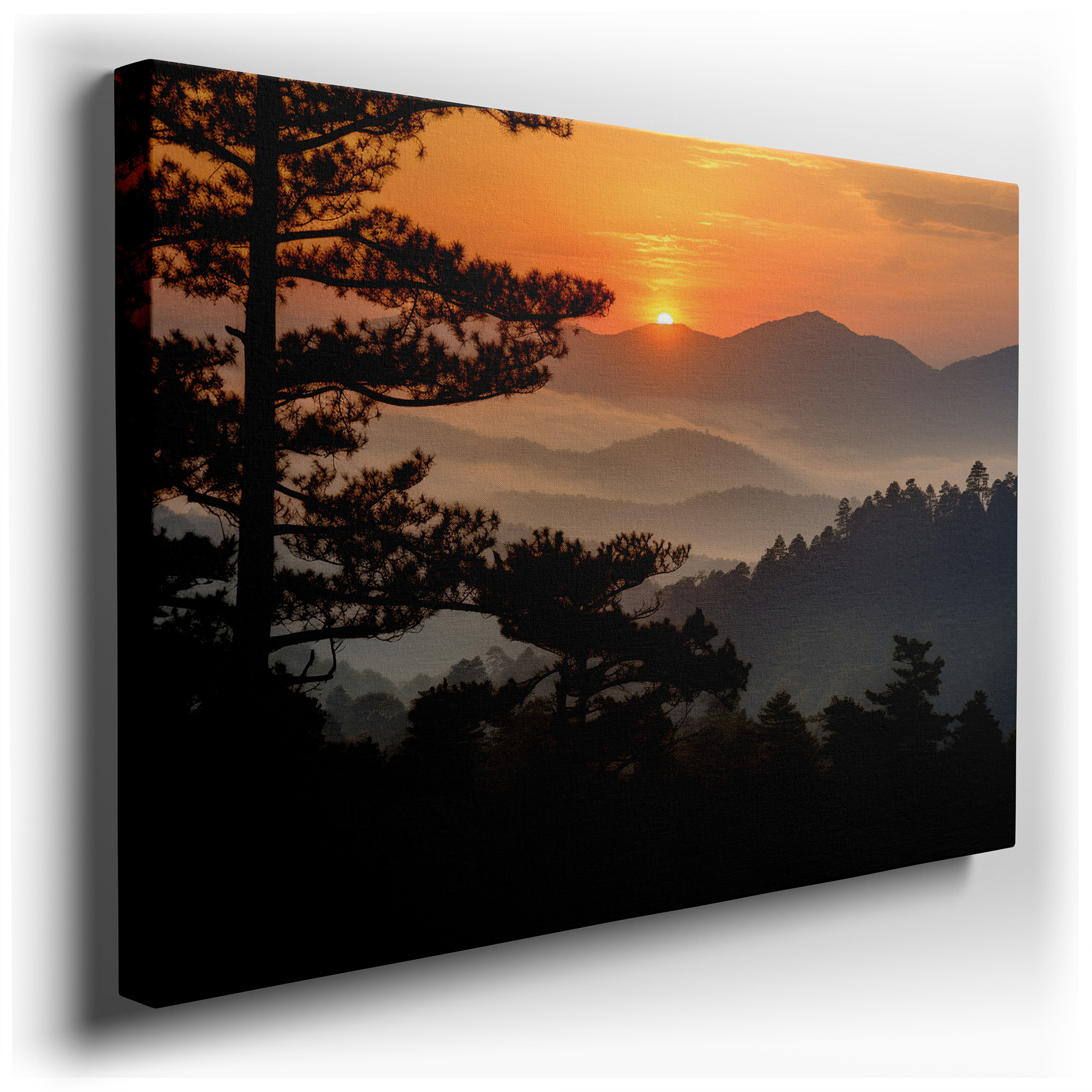 Misty Mountain Sunset Glow, Majestic Pine - Framed Radiant Skies, Large Canvas Wall Art for Office and Bedroom Decor