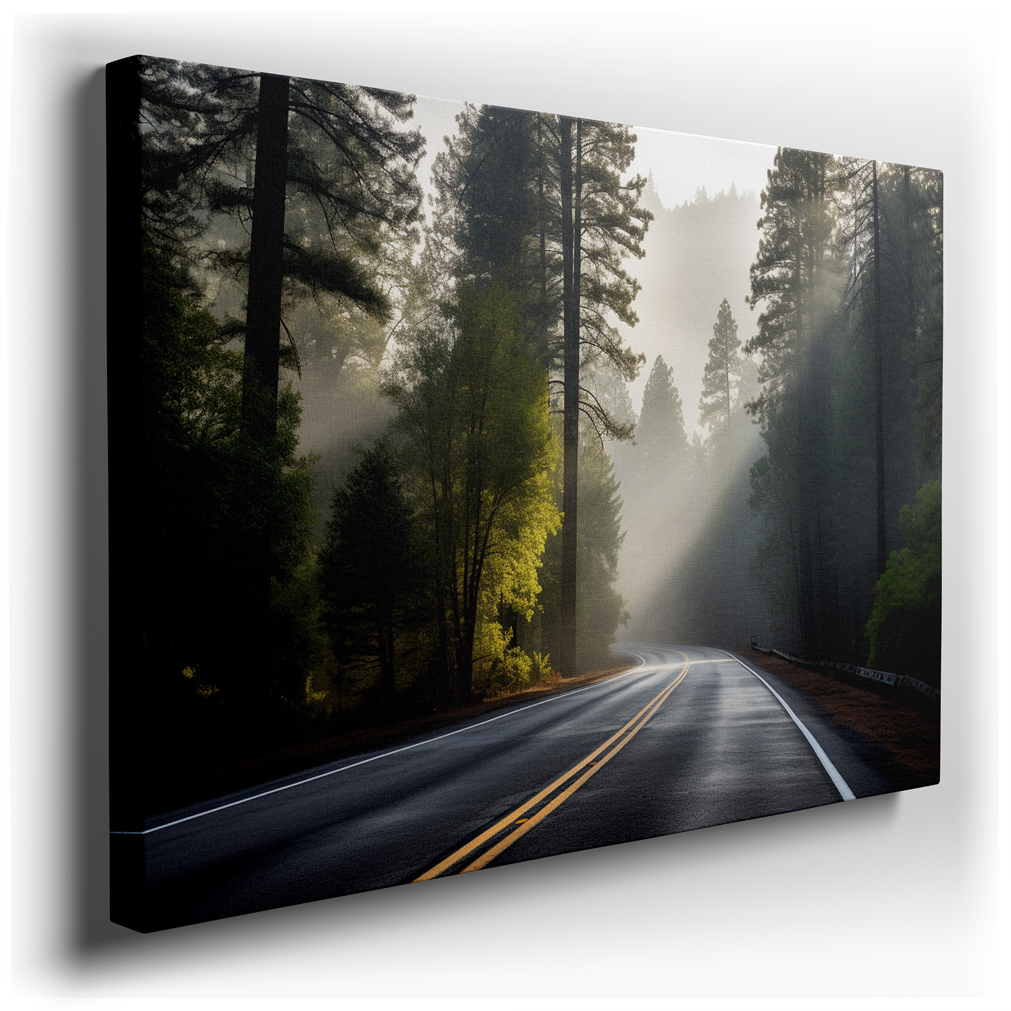 Misty Pine Forest Enchanted Morning Drive Large Canvas Wall Art for Office, Bedroom, and Living Room Decor wrapped