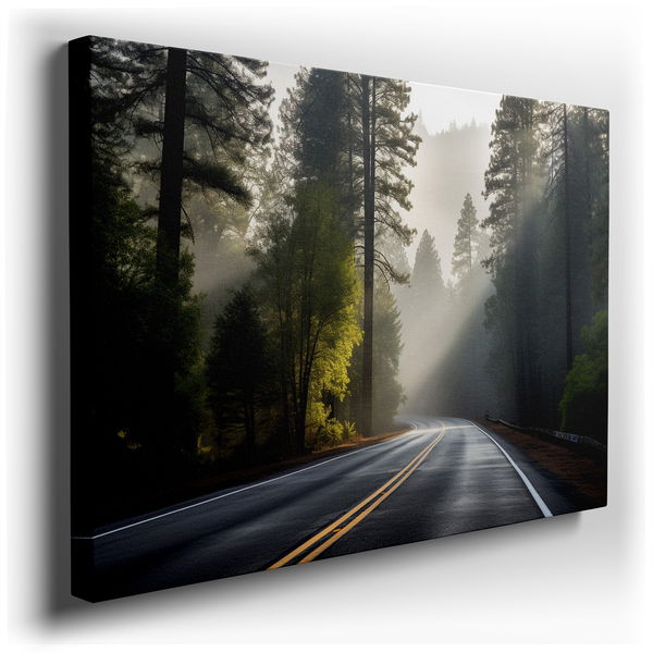 Misty Pine Forest - Enchanted Morning Drive Canvas Wall Art