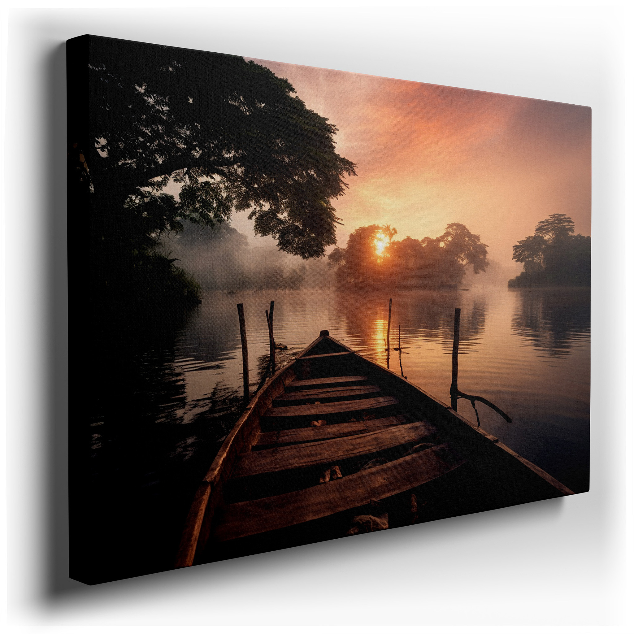 Misty Sunrise Over Tranquil Lake Featuring Rustic Boat and Ethereal Light - Large Canvas Wall Art for Office and