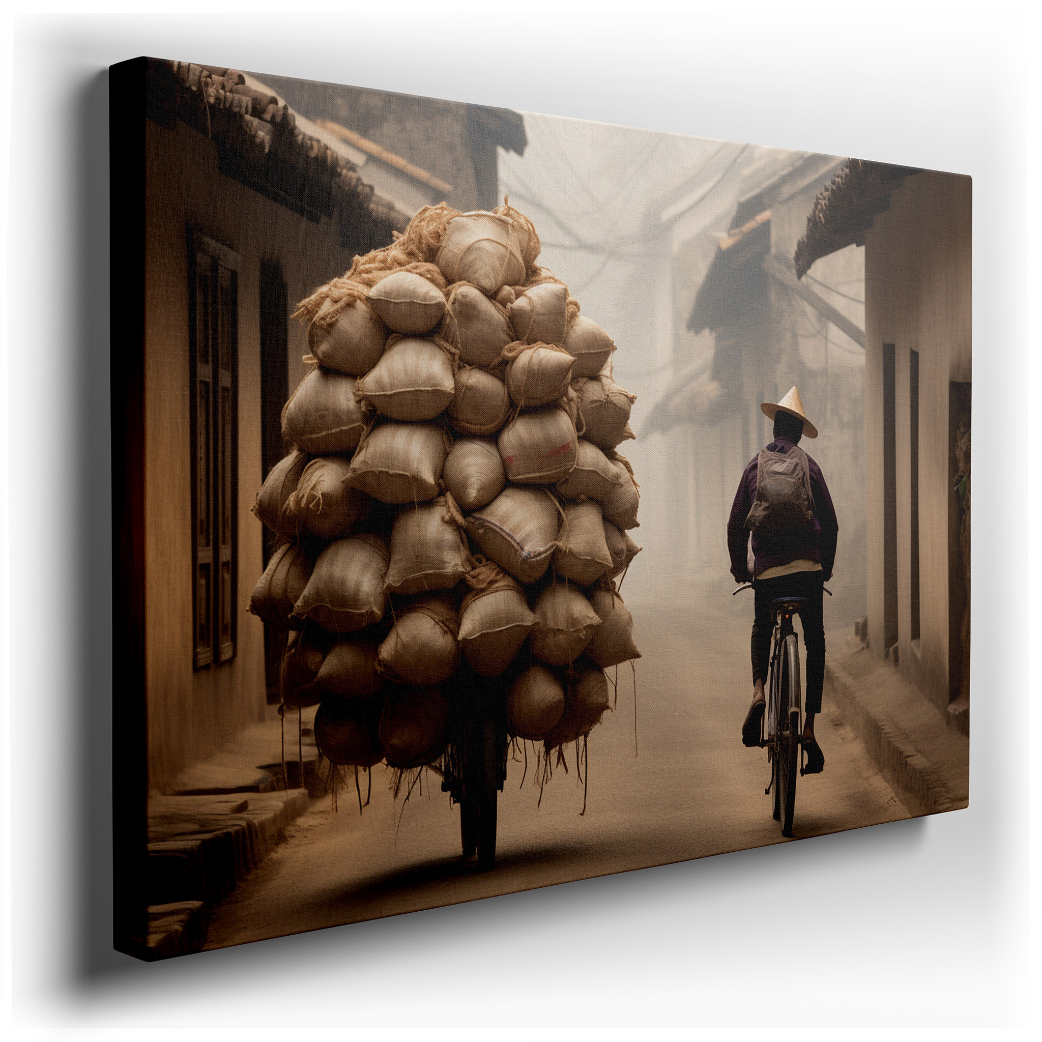 Misty Village Street Scene with Determined Cyclist Wall Art, Canvas Decor for Office, Bedroom, and Living Room wrapped