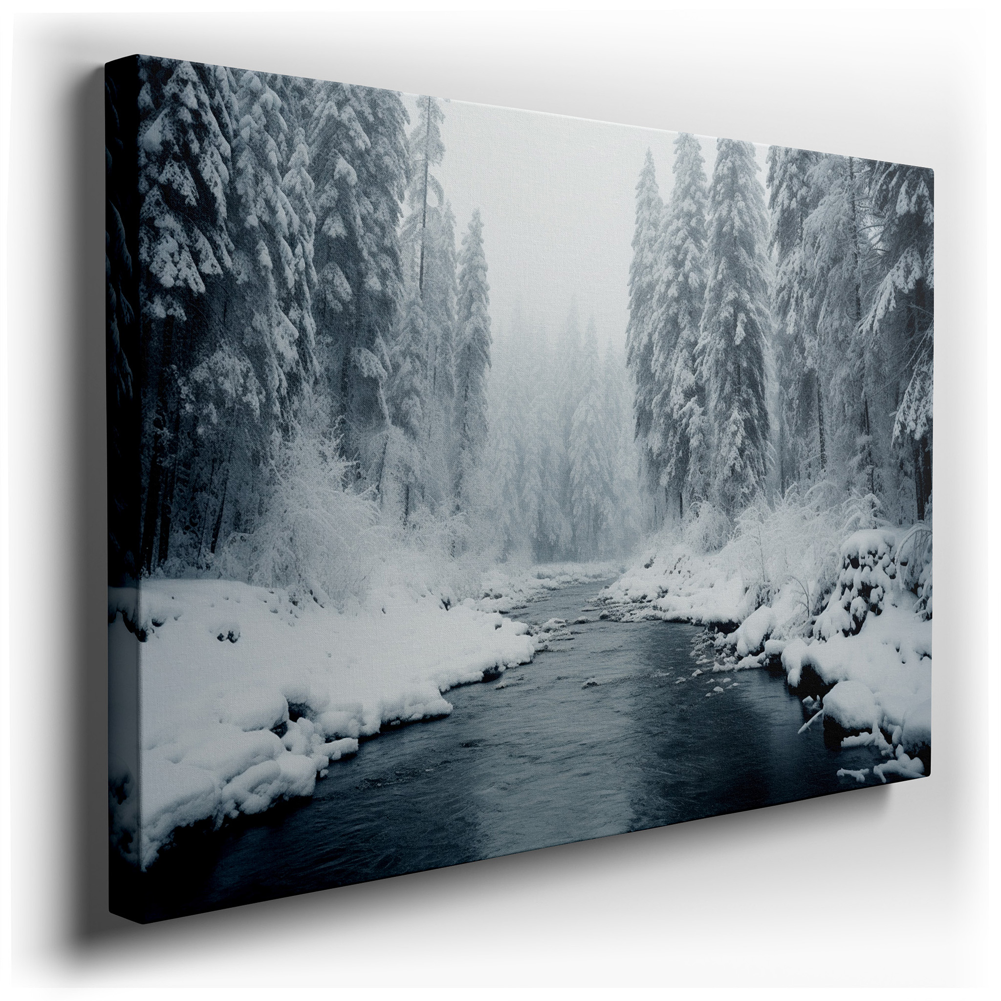 Misty Winter Scene with Foggy River and Snow - Covered Pines Large Wall Art, Canvas Wall Art, Wall Decor for Office and