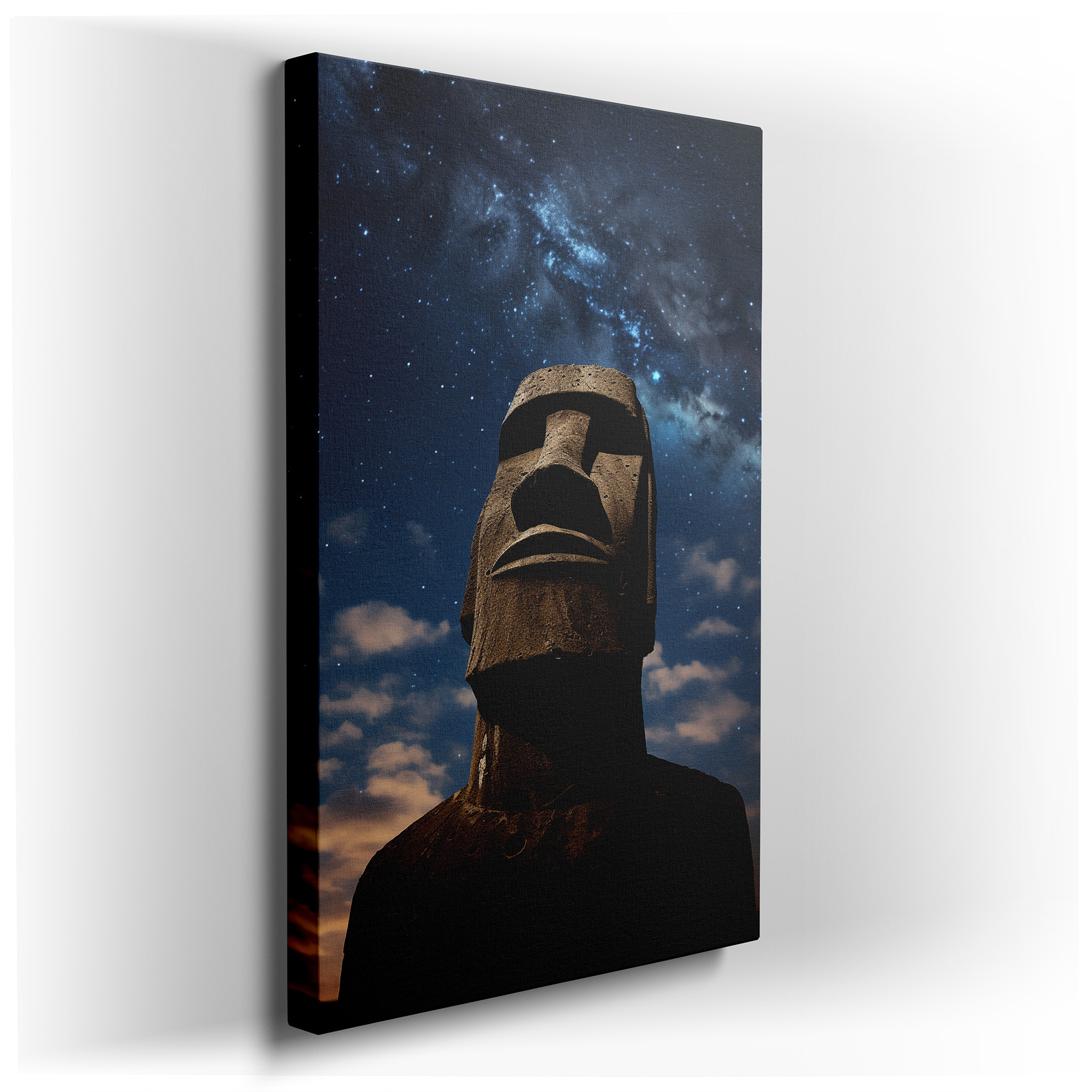 Moai Statue Beneath a Starlit Sky: A Celestial Dance of Ancient Mystique and Cosmic Wonder - Large Wall Art, Canvas