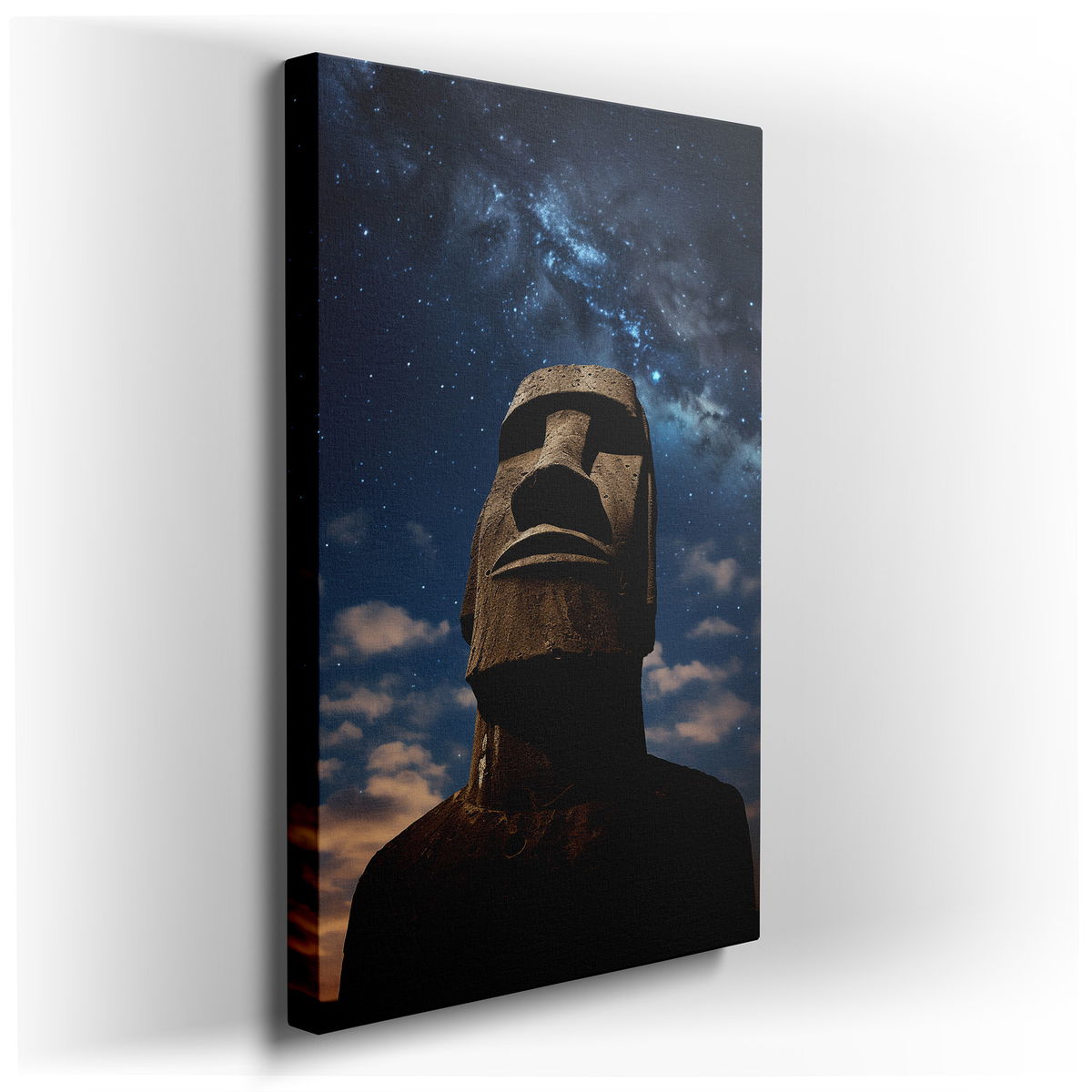 Moai Statue Beneath a Starlit Sky - Celestial Canvas Wall Art