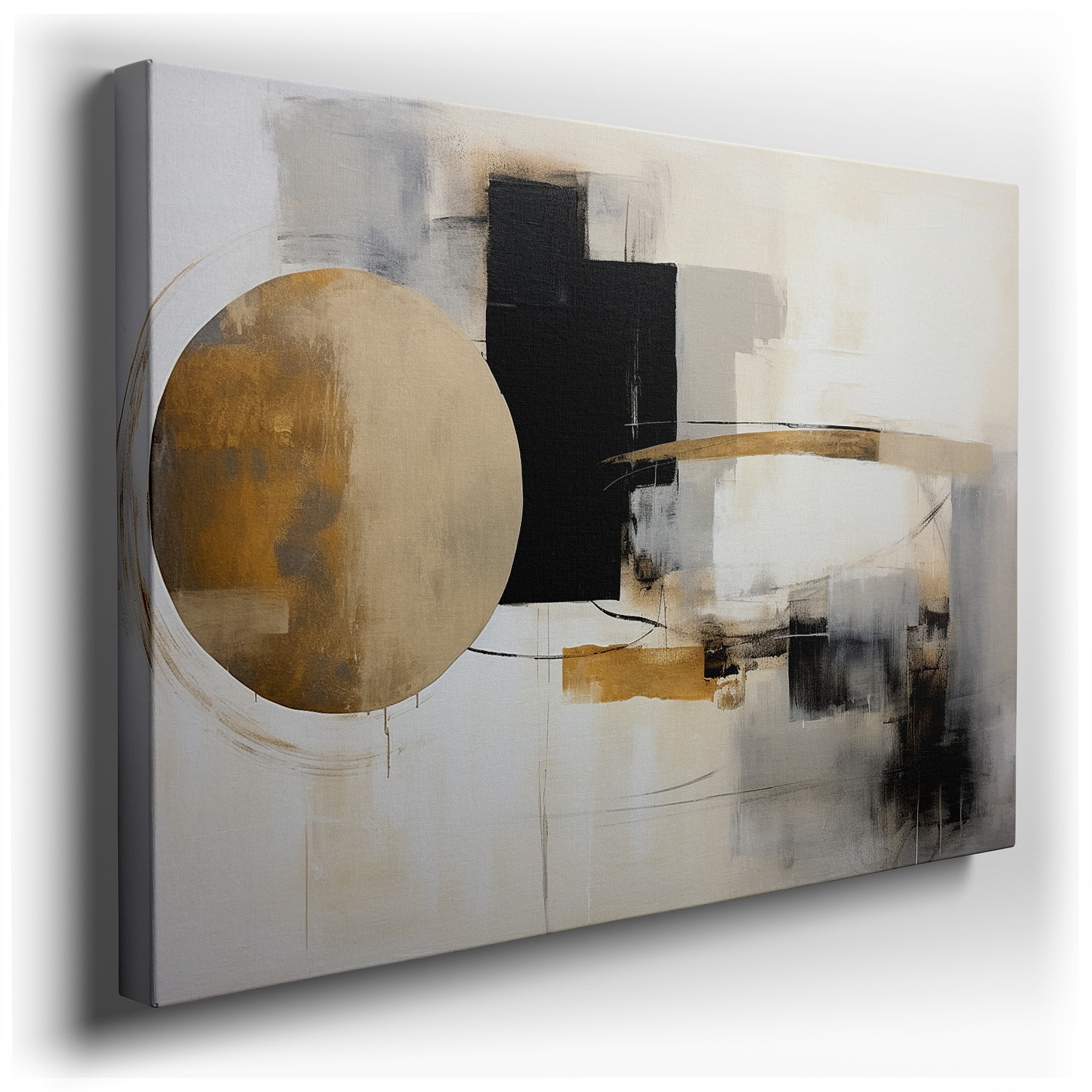 Modern Abstract Art in Gold and Black, Large Canvas Wall Art Depicting Modernism and Creativity, Ideal for Office Decor