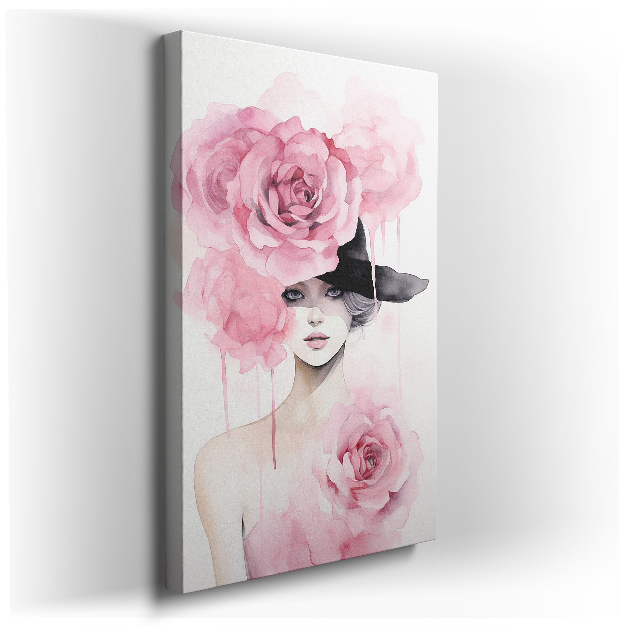 Modern Elegance in Bold Femininity: Black Hat and Pink Roses - Nature - Inspired Large Wall Art, Canvas Wall Art, Wall