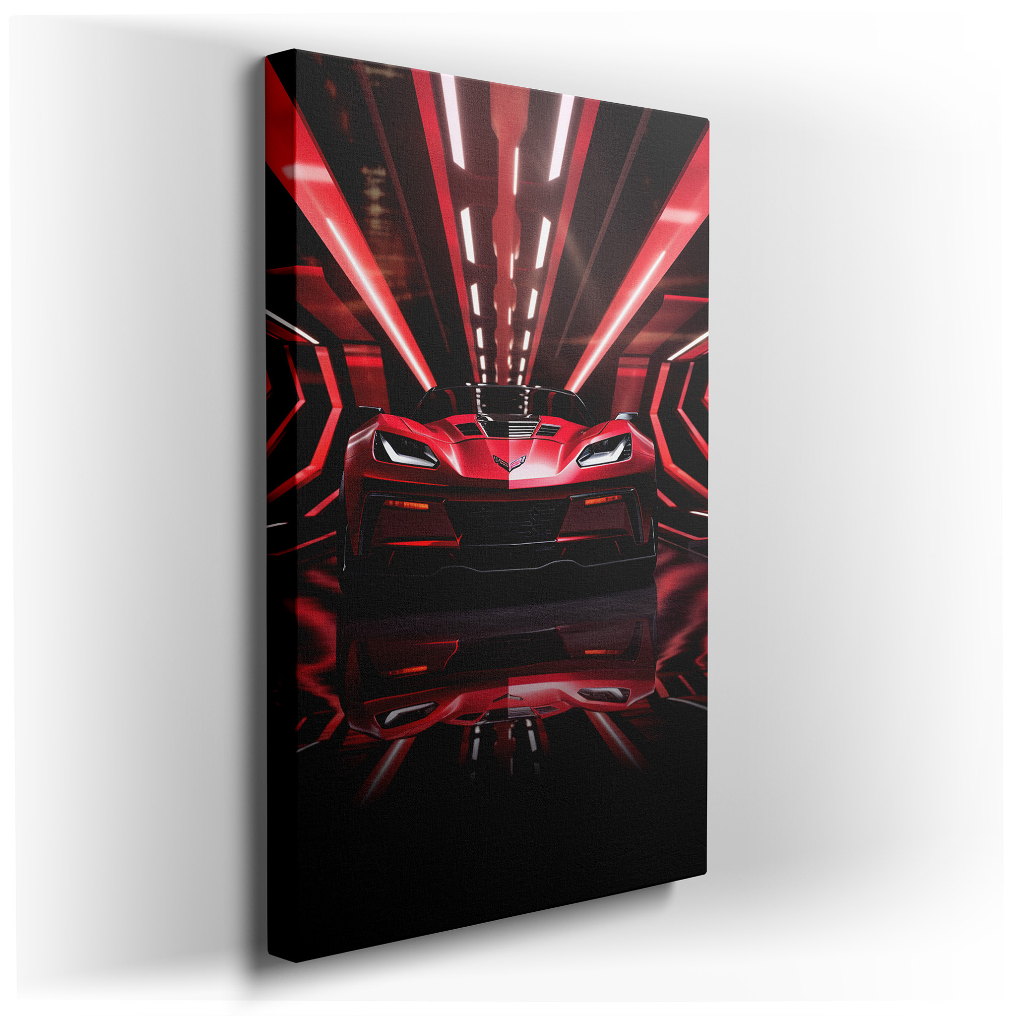 Modern Wall Art: Striking Red Corvette in a Neon Futuristic Cityscape - Large Canvas Art for Office Decor wrapped