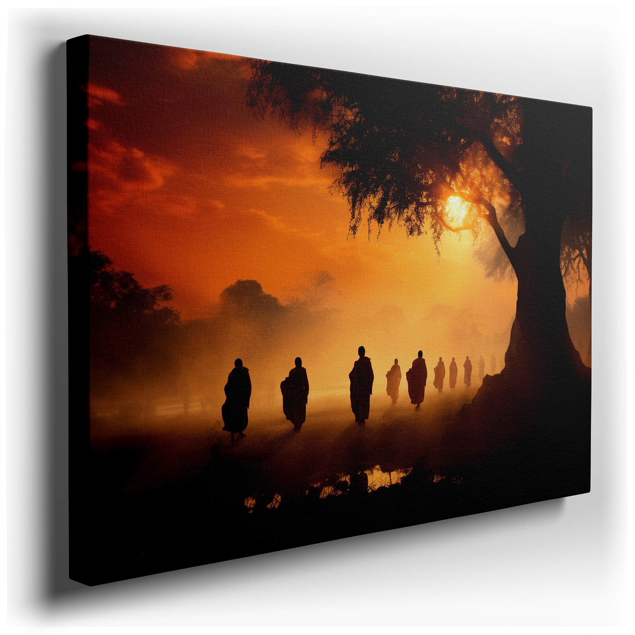 Monks' Procession Towards Enlightenment Amidst Nature's Glow - Large Canvas Wall Art for Office, Bedroom, and Living