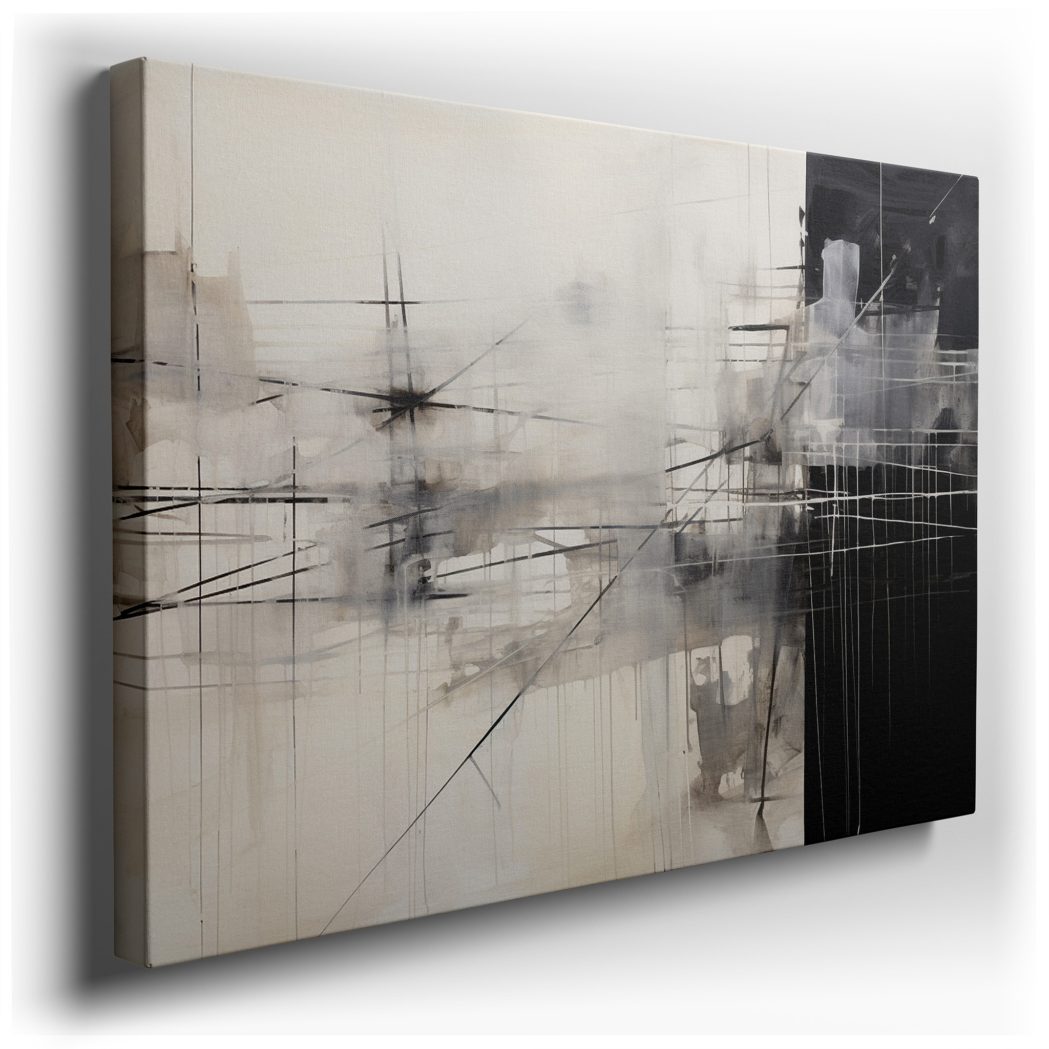 Monochromatic Landscape with Ethereal Fog and Sharp Geometric Lines, Large Canvas Wall Art for Office and Bedroom Decor