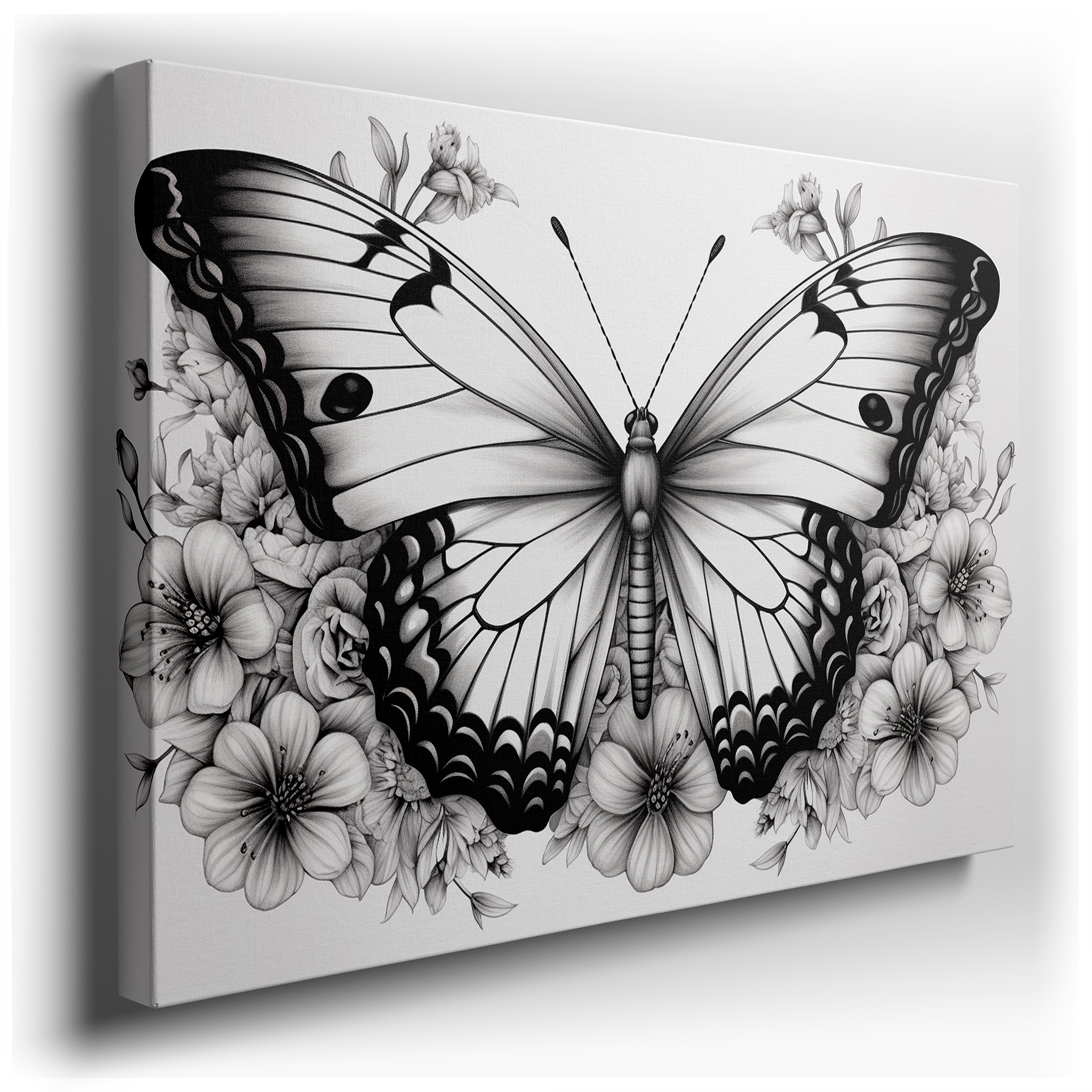 Monochrome Butterfly on Flowers Large Canvas Wall Art for Office and Bedroom Decor wrapped canvas - main product photo