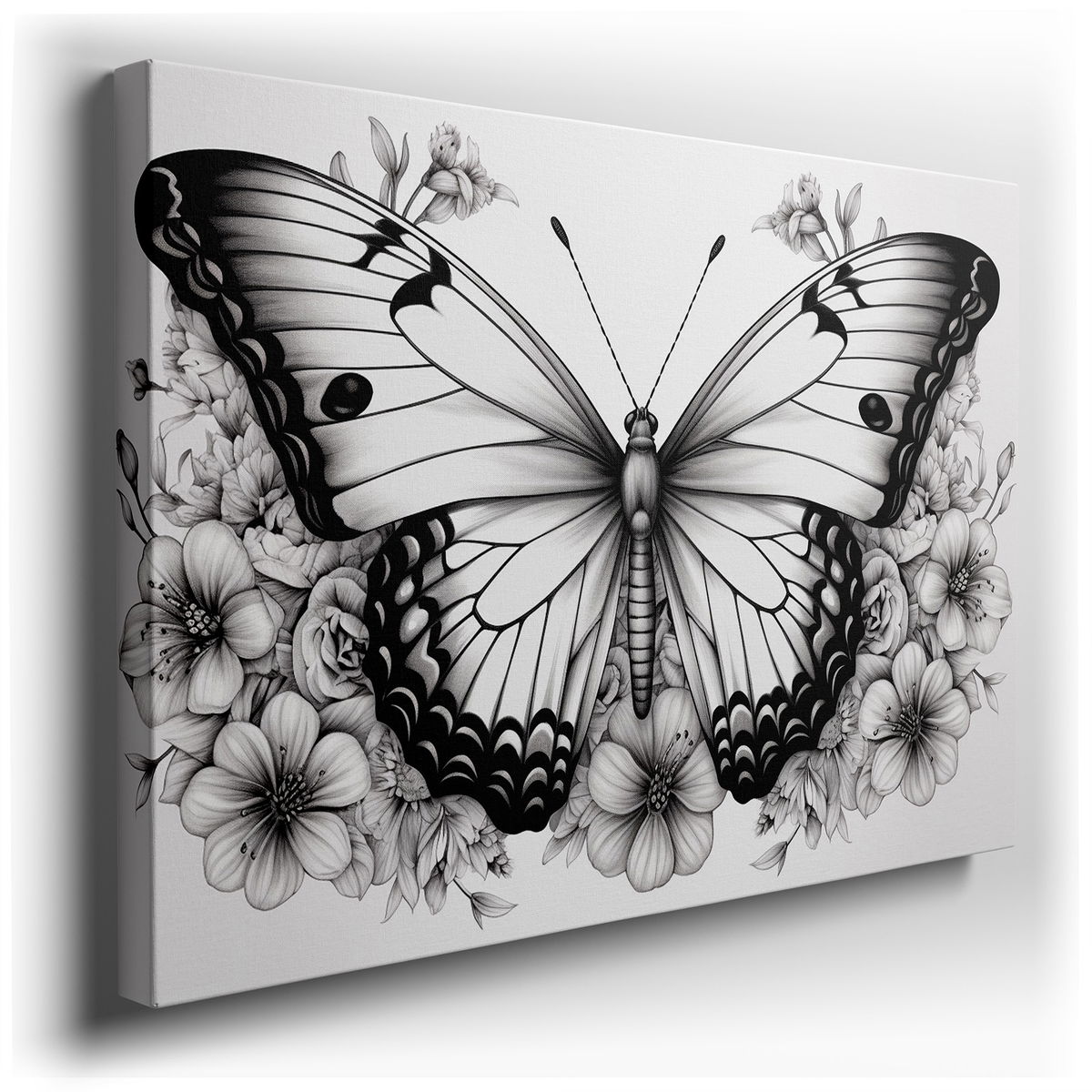 Monochrome Butterfly on Flowers - Elegant Canvas Wall Art