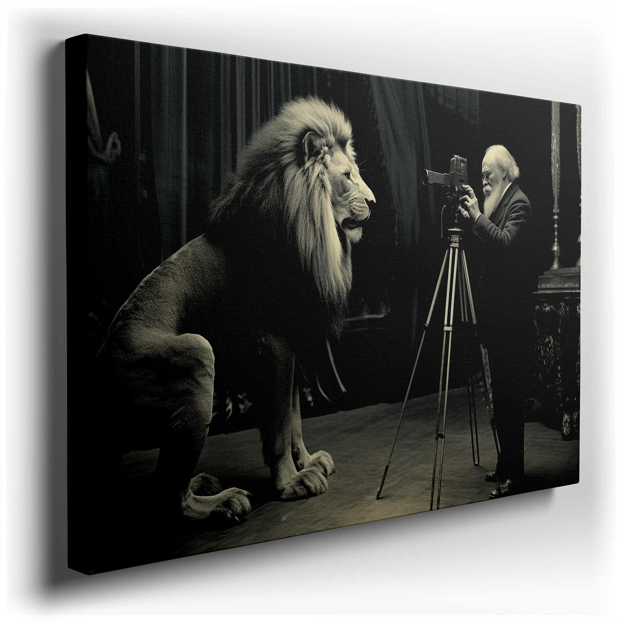 Monochrome Large Wall Art Featuring a Surreal Encounter Between a Majestic Lion and an Intrepid Photographer, Canvas