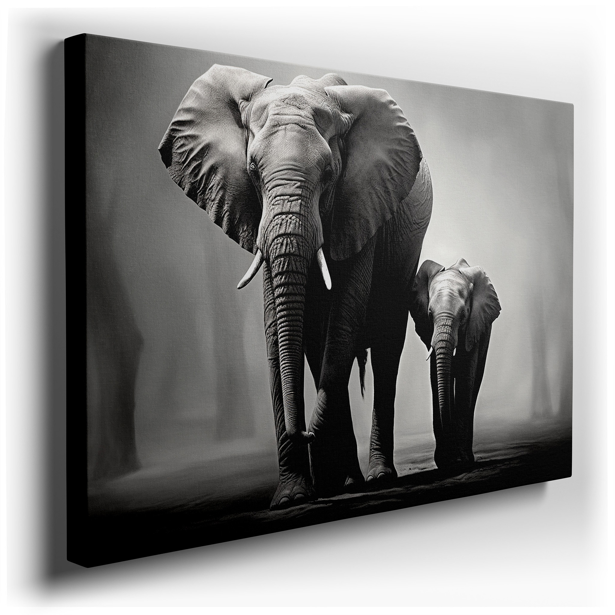 Monochrome Majestic Elephants: Celebrating Family Ties and Conservation - Large Wall Art, Canvas Wall Art, Wall Decor