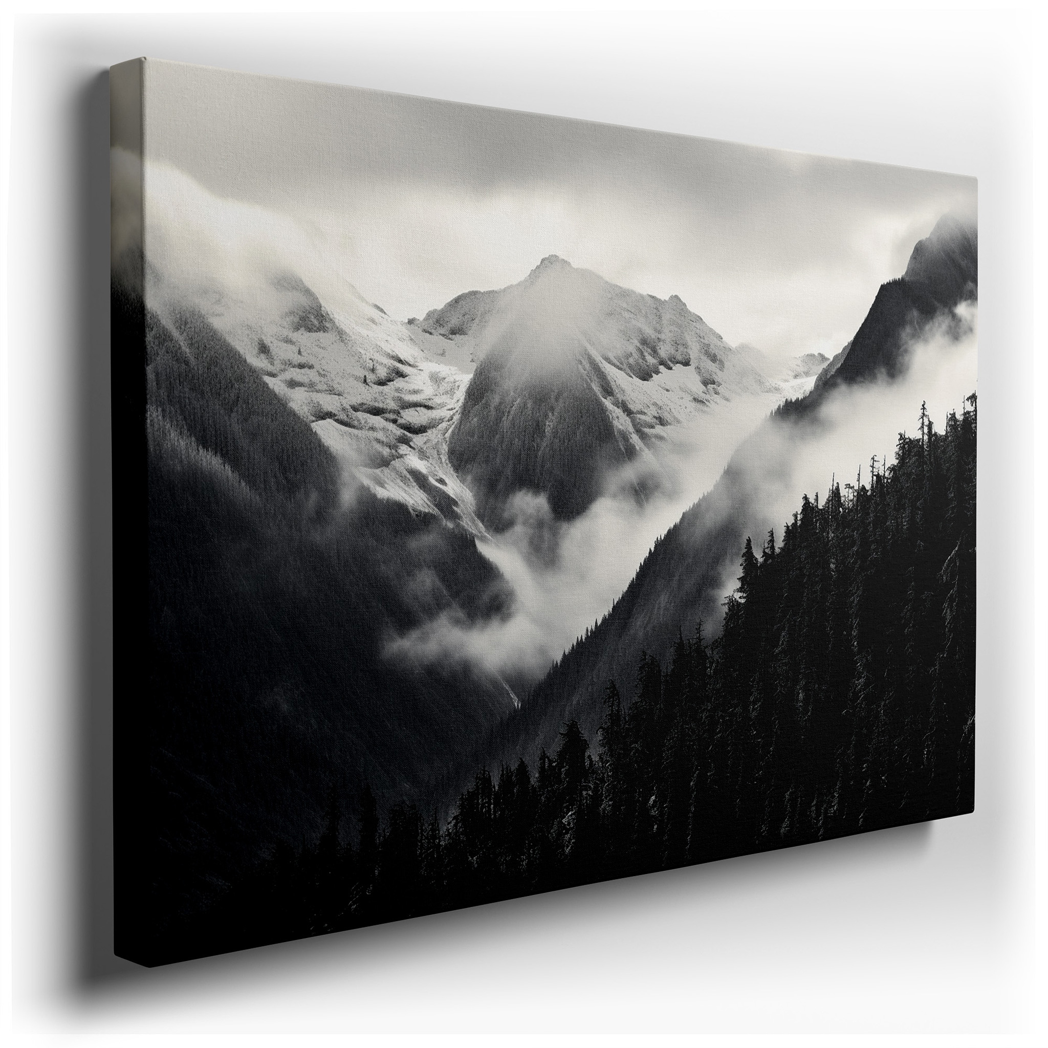 Monochrome Majestic Mountains - Snow - Capped Landscape with Ethereal Mist, Large Canvas Wall Art for Office and