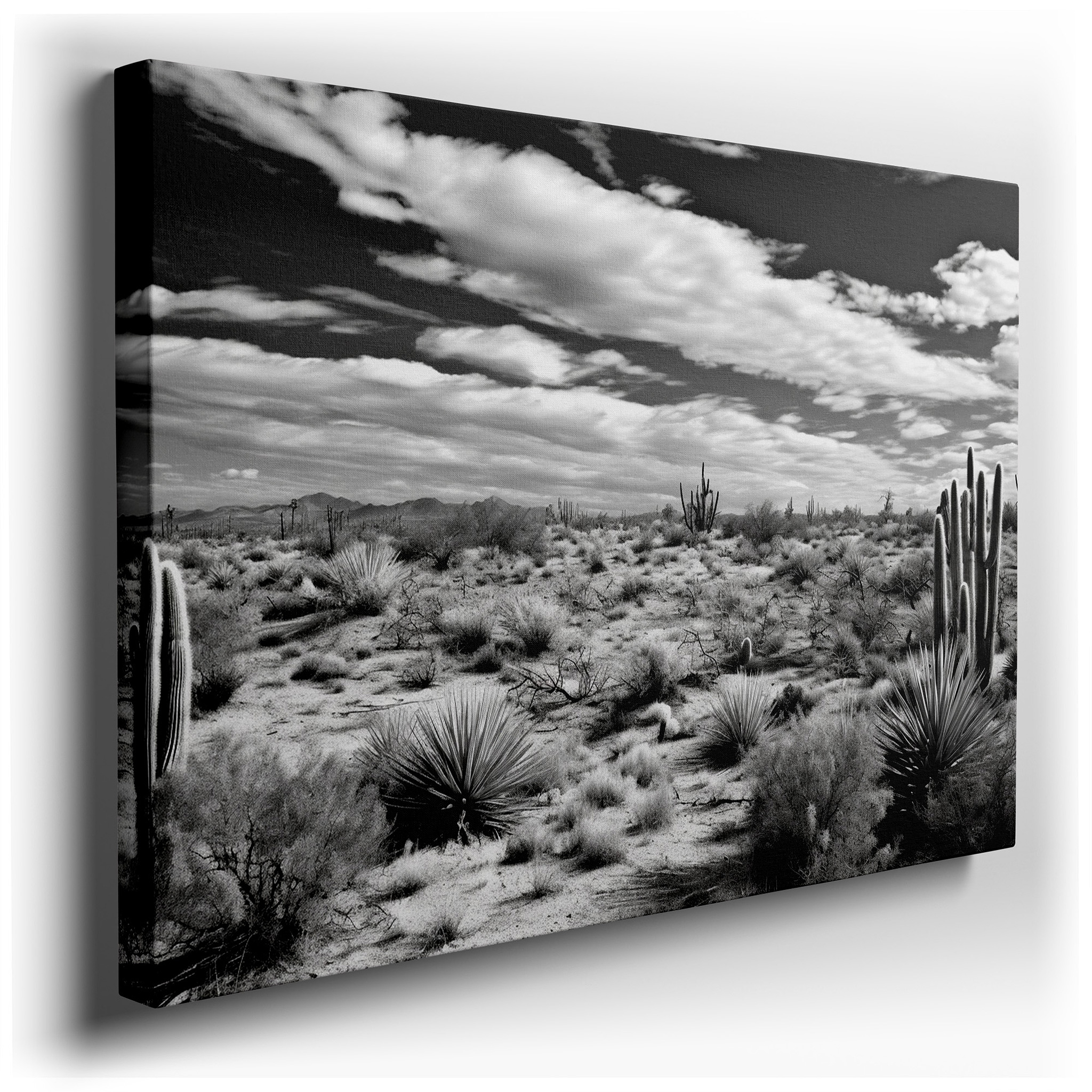 Monochrome Serene Desert Landscape with Cacti Large Canvas Wall Art for Office, Bedroom, and Living Room Decor wrapped