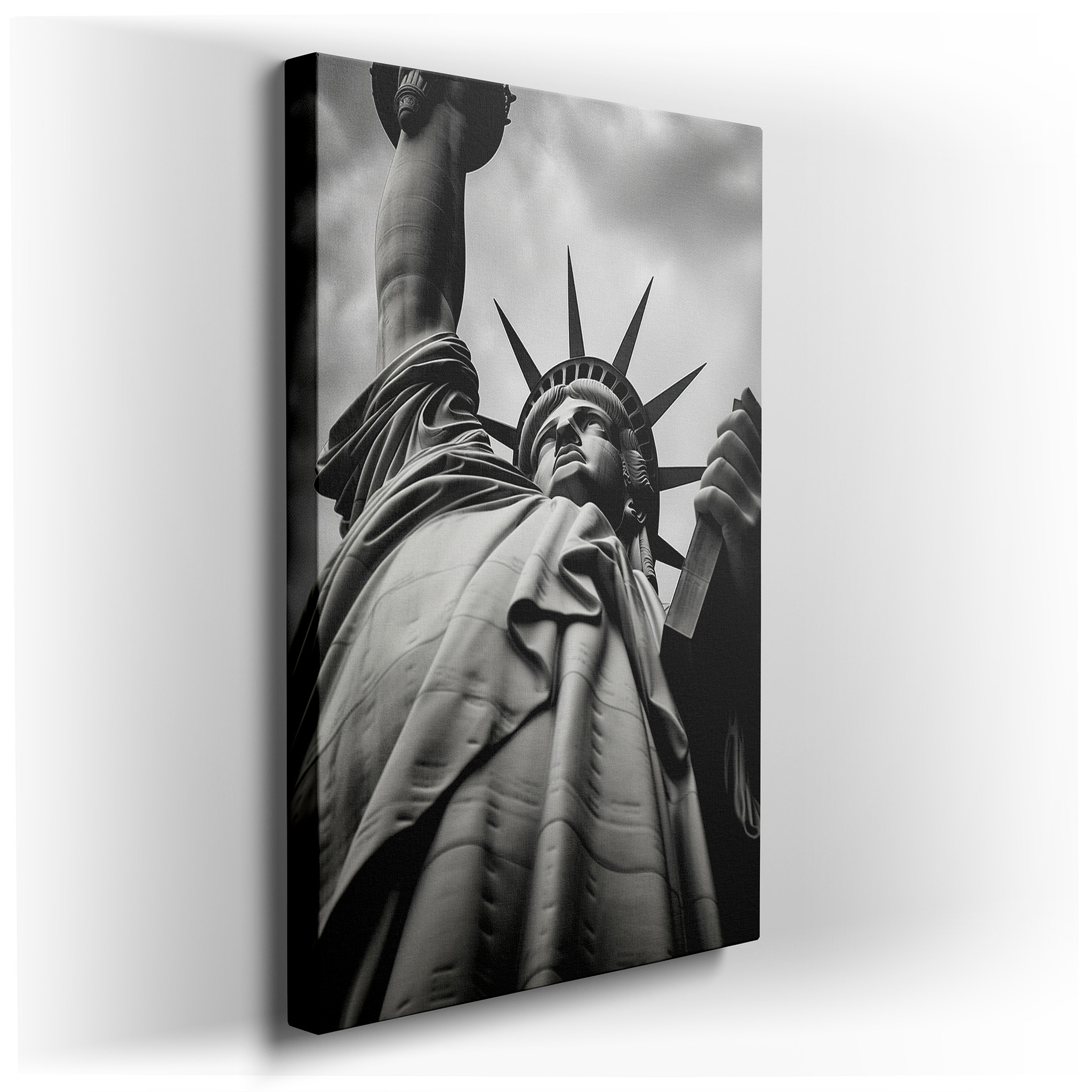Monochrome Statue of Liberty Canvas, Symbolizing Freedom Under a Dramatic Sky, Ideal for Office or B