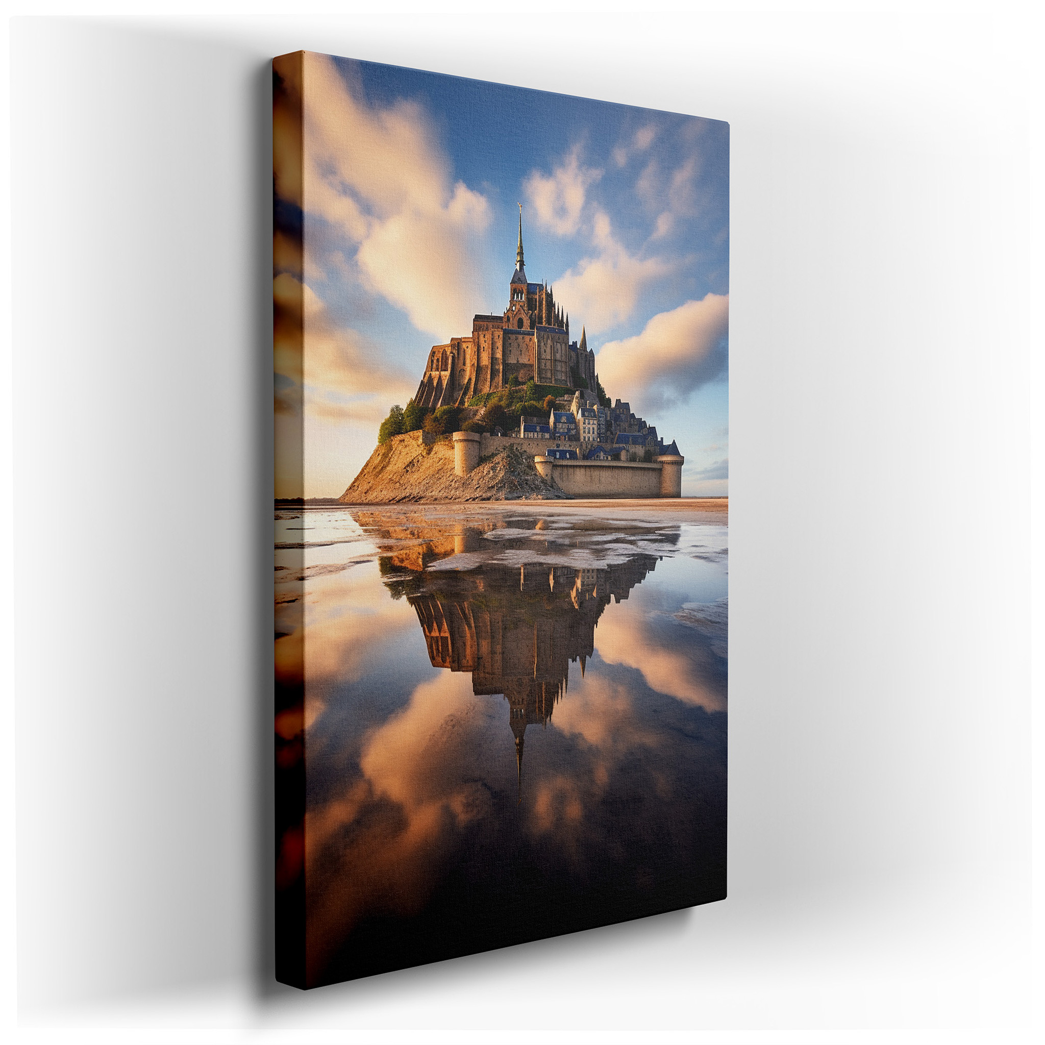 Mont Saint - Michel at Sunset Wall Art: Timeless Beauty Reflected in Tranquil Waters - Large Canvas for Home and Office