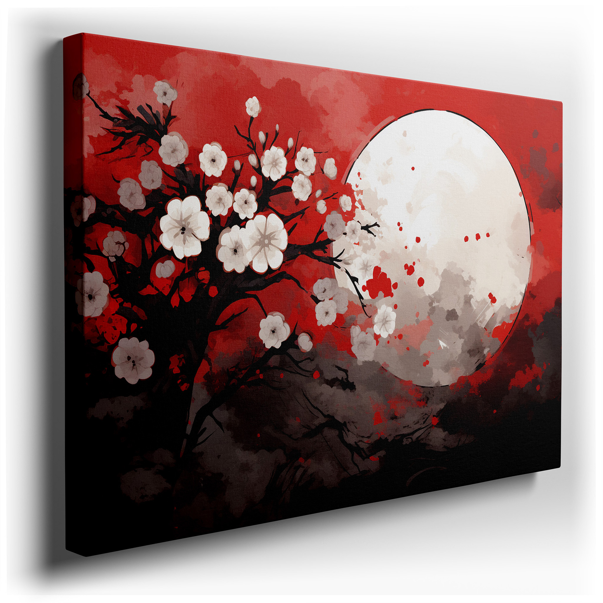 Moonlit Cherry Blossoms on a Striking Red Background Large Canvas Wall Art, Office Decor wrapped canvas - main product