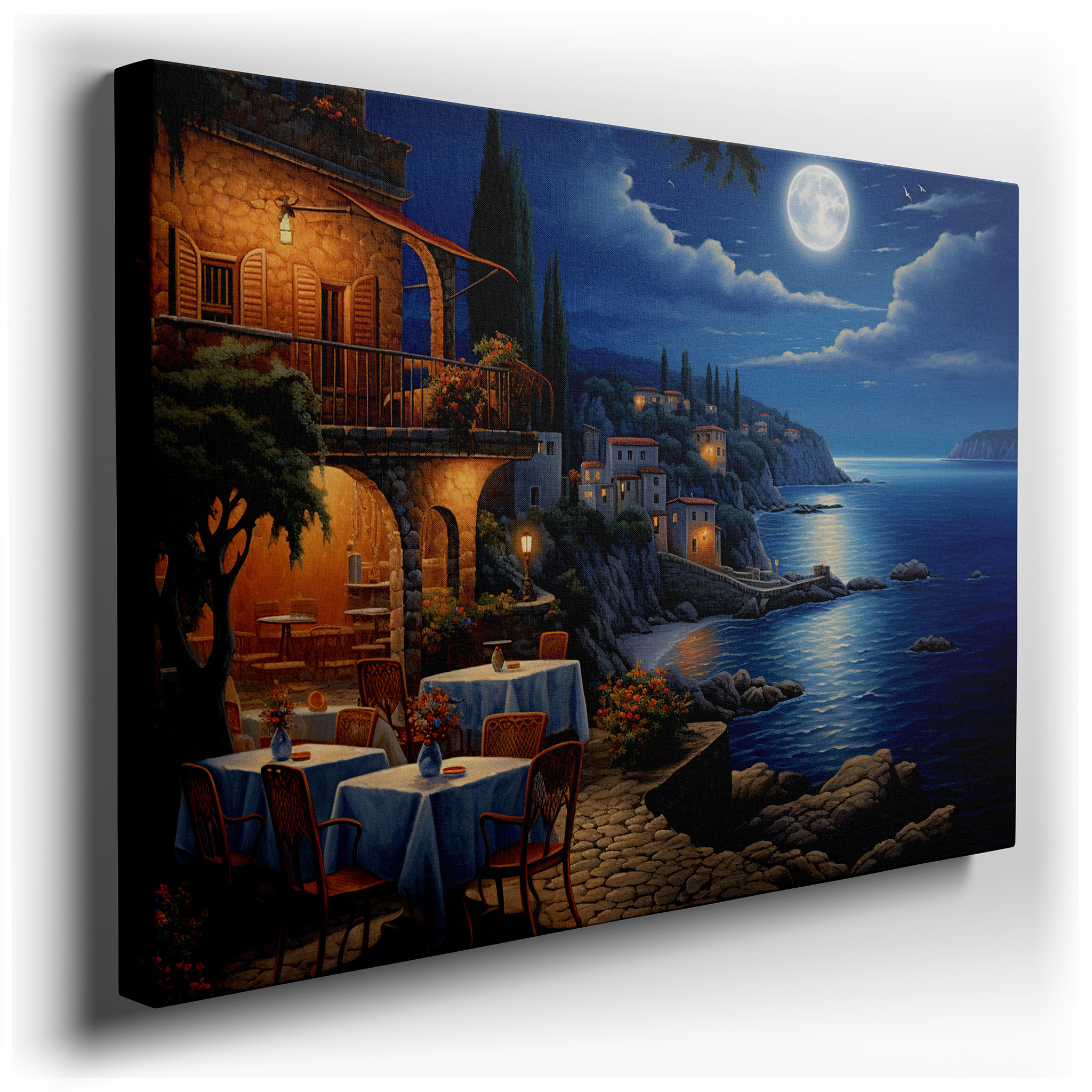 Moonlit Coastal Dining Under a Bright Moon - Serene Seaside Escape Large Wall Art, Canvas Wall Art, Wall Decor for
