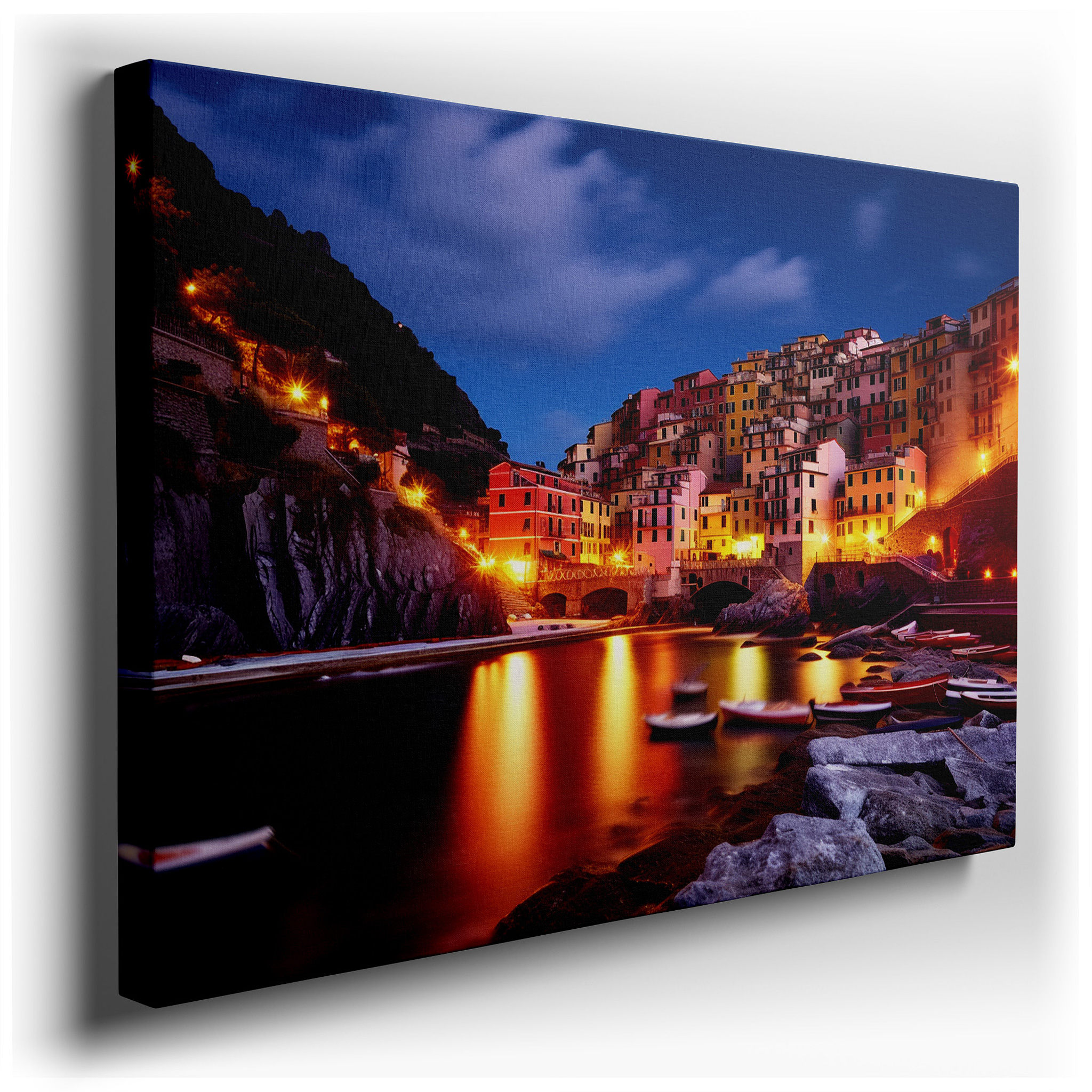 Moonlit Coastal Village - Large Canvas Wall Art Depicting a Serene and Quaint Village with Warm Radiance, Perfect for
