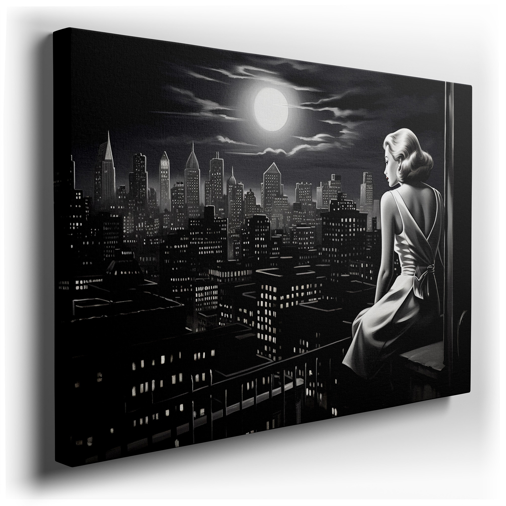 Moonlit Contemplation: Reflective Nostalgia and Urban Exploration in Large Wall Art, Canvas Decor for Offices and