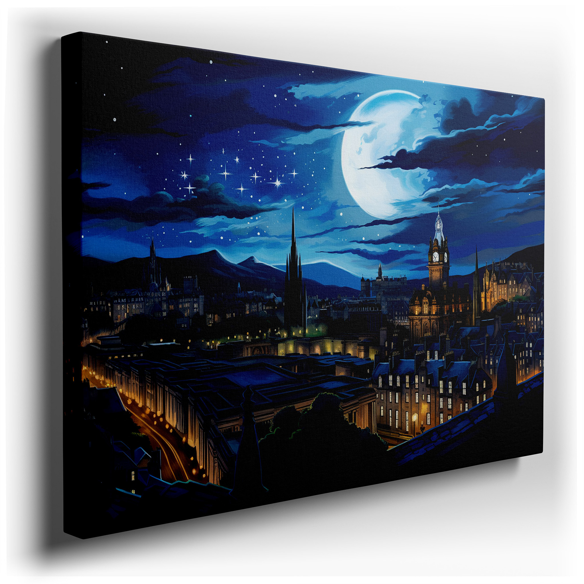 Moonlit Majesty Above Edinburgh's Historic Skyline: A Nighttime Tapestry of Gothic Spires and Neoclassical Grandeur -